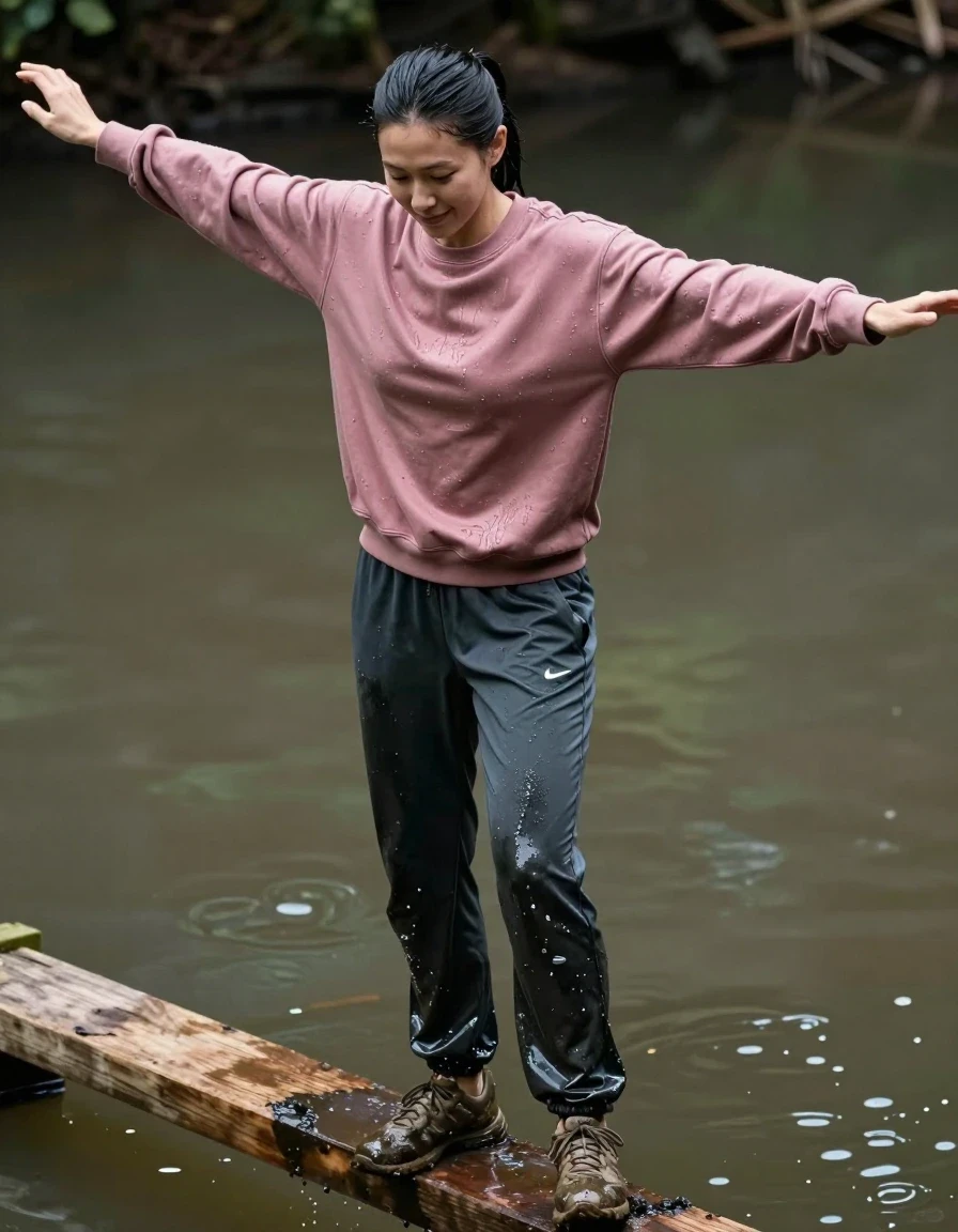 A photorealistic full-body shot of a slim young adult European woman with tied-back black hair, navigating a narrow wooden beam mounted over a murky, stagnant pond. She is captured in a moment of delicate balance, arms outstretched, face showing deep concentration with a faint, subtle smile. Her skin is glistening with moisture, and her hair is wet and slicked back. She is wearing a dark pink sweatshirt, visibly heavy with water, clinging to her frame with deep, saturated fabric folds and a dark, soaked appearance. Below, she wears dark grey marl Nike sweatpants, heavily saturated with water, showing significant darkening, weight, and realistic clinging to her legs with deep, wet texture and sheen. Her feet are encased in muddy trainers, caked with wet earth. The lighting is natural and diffuse, highlighting the glossy specular reflections on her wet skin and the heavy, moisture-laden fabric of her clothing. The atmosphere is damp and realistic, focusing on the tactile quality of the wet garments and the precarious nature of the wooden beam above the muddy water, shot with a high-detail 35mm lens, sharp focus on subject, cinematic composition.