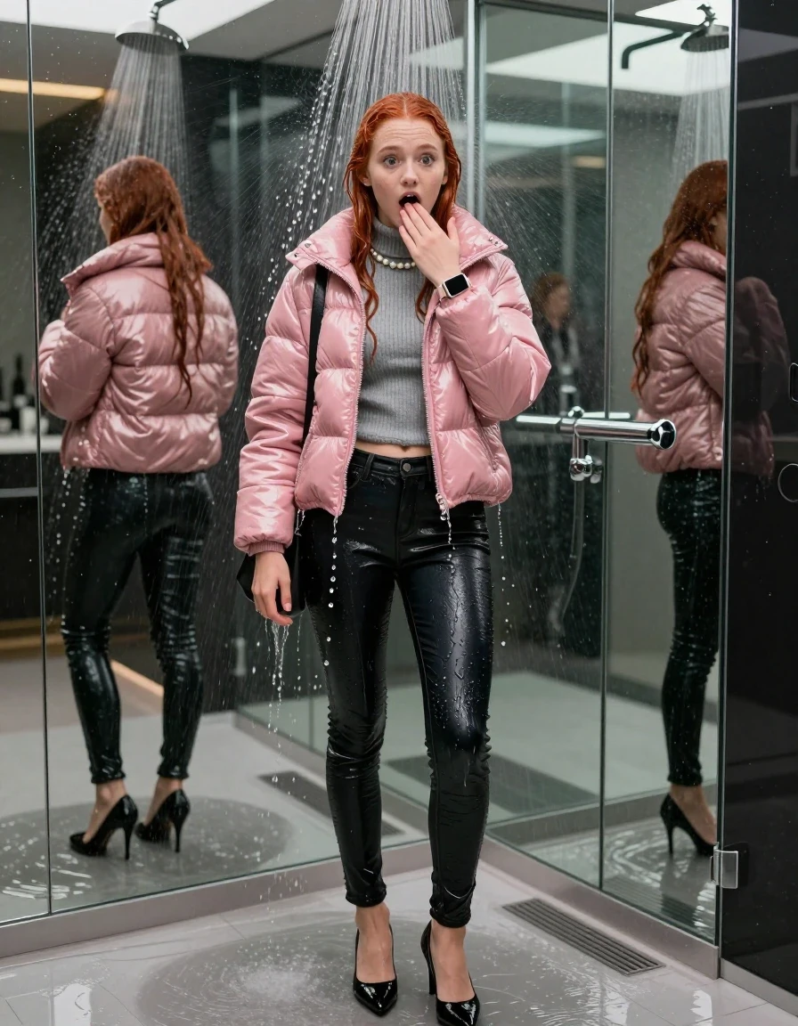photo of young woman, in soaking wet, drenched clothes,
black heels, glistening soaked tight skinny jeans, Glistening pink shiny puffer down jacket from monclare,  glistening soaked tight grey knit turtleneck sweater belly free, shoulderbag, pearl necklace, smartwatch , 15-year-old teenage girl standing under wide stream of water in a modern mirrored luxury shower, 
enjoying, wet clothes stuck to body,
detailed textures of the wet clothes, wet face, wet plastered hair,
wet, drenched, professional, high-quality details, full body view.
sharp focus, ultra-high pixel detail, realistic, high-quality, full colors, incredibly detailed, 4k, 8k, 16k, hyper-realistic, RAW photo, masterpiece, ultra-detailed, professionally color graded, professional photograph, behind view: 15-year-old teenage girl. looking at camera.
wet plastered hair. Red sleek long straight hair. shocked and astonished. open mouth, big eyes. hold a hand on her mouth.

The jet of water hits her head directly from above.

her clothes are heavy from the water, water runs from her body and her clothes in streams. A lot of water also runs out of her clothes. Her clothes are darkened by the water. Her submerged clothes are clinging wet. 
soft atmospheric lighting reflecting off the surface, cinematic medium shot, hyper-realistic wetness, high-contrast water sheen, 8k resolution, sharp focus, detailed skin texture., wet skin, wet clothes, damp fabric,, wet skin, wet clothes, damp fabric, wet skin, wet clothes, damp fabric, wet skin, wet clothes, damp fabric, wet skin, wet clothes, damp fabric, wet skin, wet clothes, damp fabric, wet skin, wet clothes, damp fabric, wet skin, wet clothes, damp fabric, wet skin, wet clothes, damp fabric, wet skin, wet clothes, damp fabric, wet skin, wet clothes, damp fabric, wet skin, wet clothes, damp fabric