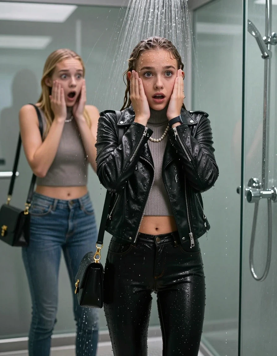 photo of young woman, in soaking wet, drenched clothes,
, glistening soaked tight skinny jeans, Glistening black biker leatherjacket,  glistening soaked tight knit turtleneck sweater belly free, shoulderbag, pearl necklace, smartwatch , 15-year-old teenage Girl standing directly under a heavy, powerful stream of water in a modern mirrored shower, a friend besides her watch shocked at her, 
enjoying, wet clothes stuck to body,
detailed textures of the wet clothes, wet face, wet plastered hair,
wet, drenched, professional, high-quality details, full body view.
sharp focus, ultra-high pixel detail, realistic, high-quality, full colors, incredibly detailed, 4k, 8k, 16k, hyper-realistic, RAW photo, masterpiece, ultra-detailed, professionally color graded, professional photograph, Behind view: 15-year-old teenage girl. looking at camera.
wet plastered hair. Blonde sleek long straight hair with water cascading down her face and neck. Afraid and astonished. open mouth, big eyes. Holding her hands on her face.

The Girls wear different clothes.

The lighting is bright and cinematic, highlighting the glistening water droplets on her skin and the saturated texture of her clothes.

her clothes are heavy from the water, water runs from her body and her clothes in streams. A lot of water also runs out of her clothes. Her clothes are darkened by the water. Her submerged clothes are clinging wet. 
soft atmospheric lighting reflecting off the surface, cinematic medium shot, hyper-realistic wetness, high-contrast water sheen, 8k resolution, sharp focus, detailed skin texture., wet skin, wet clothes, damp fabric,, wet skin, wet clothes, damp fabric, wet skin, wet clothes, damp fabric, wet skin, wet clothes, damp fabric, wet skin, wet clothes, damp fabric, wet skin, wet clothes, damp fabric, wet skin, wet clothes, damp fabric, wet skin, wet clothes, damp fabric, wet skin, wet clothes, damp fabric, wet skin, wet clothes, damp fabric, wet skin, wet clothes, damp fabric, wet skin, wet clothes, damp fabric