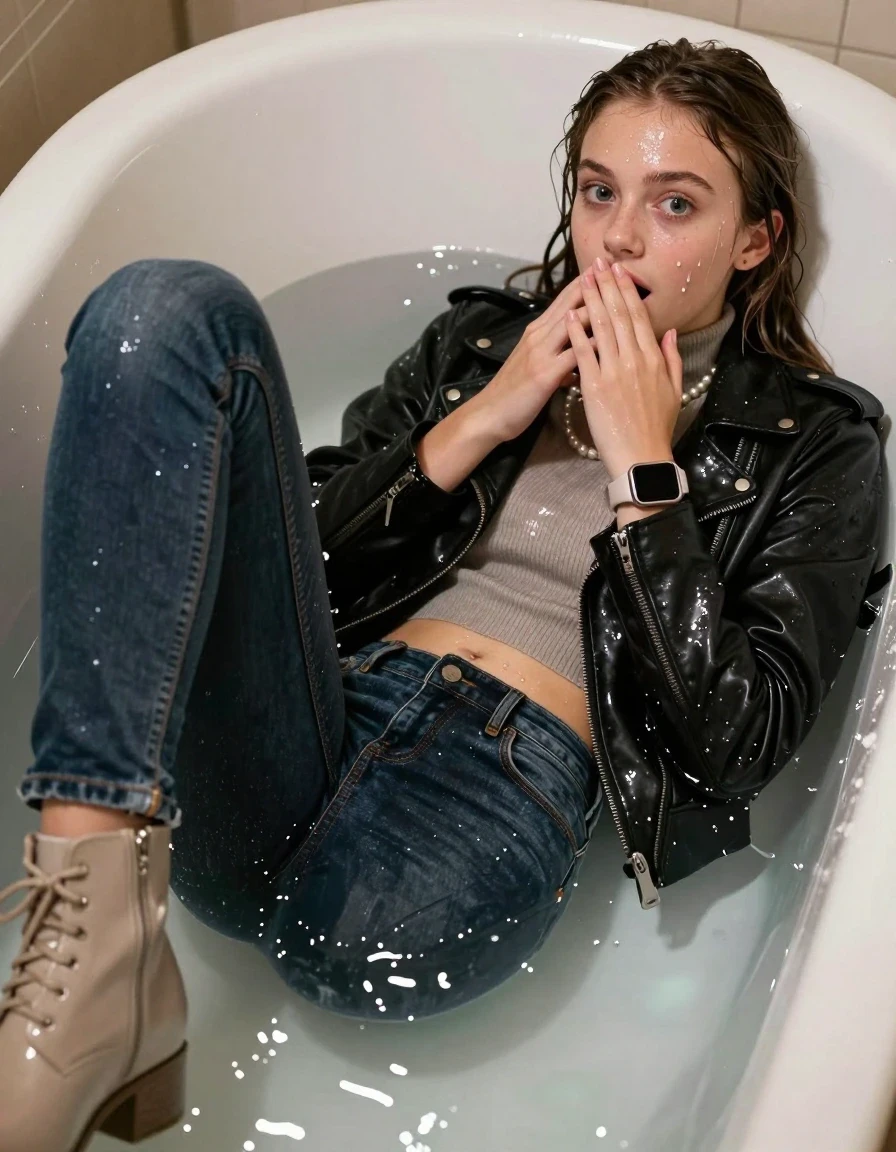 photo of young woman, in soaking wet, drenched clothes,
Beige boots, glistening soaked tight skinny jeans, Glistening black biker leatherjacket,  glistening soaked tight knit turtleneck sweater belly free, shoulderbag, pearl necklace, smartwatch , 15-year-old teenage Girl lying in a warm bathtub with only her head above the water, 
enjoying, wet clothes stuck to body,
detailed textures of the wet clothes, wet face, wet plastered hair,
wet, drenched, professional, high-quality details, full body view.
sharp focus, ultra-high pixel detail, realistic, high-quality, full colors, incredibly detailed, 4k, 8k, 16k, hyper-realistic, RAW photo, masterpiece, ultra-detailed, professionally color graded, professional photograph, 15-year-old teenage girl. looking at camera.
wet plastered hair. Brunett sleek long straight hair. shocked and astonished. open mouth, big eyes. hold a hand on her mouth.

her clothes are heavy from the water, water runs from her body and her clothes in streams. A lot of water also runs out of her clothes. Her clothes are darkened by the water. Her submerged clothes are clinging wet. 
soft atmospheric lighting reflecting off the surface, cinematic medium shot, hyper-realistic wetness, high-contrast water sheen, 8k resolution, sharp focus, detailed skin texture., wet skin, wet clothes, damp fabric,, wet skin, wet clothes, damp fabric, wet skin, wet clothes, damp fabric, wet skin, wet clothes, damp fabric, wet skin, wet clothes, damp fabric, wet skin, wet clothes, damp fabric, wet skin, wet clothes, damp fabric, wet skin, wet clothes, damp fabric, wet skin, wet clothes, damp fabric, wet skin, wet clothes, damp fabric, wet skin, wet clothes, damp fabric, wet skin, wet clothes, damp fabric
