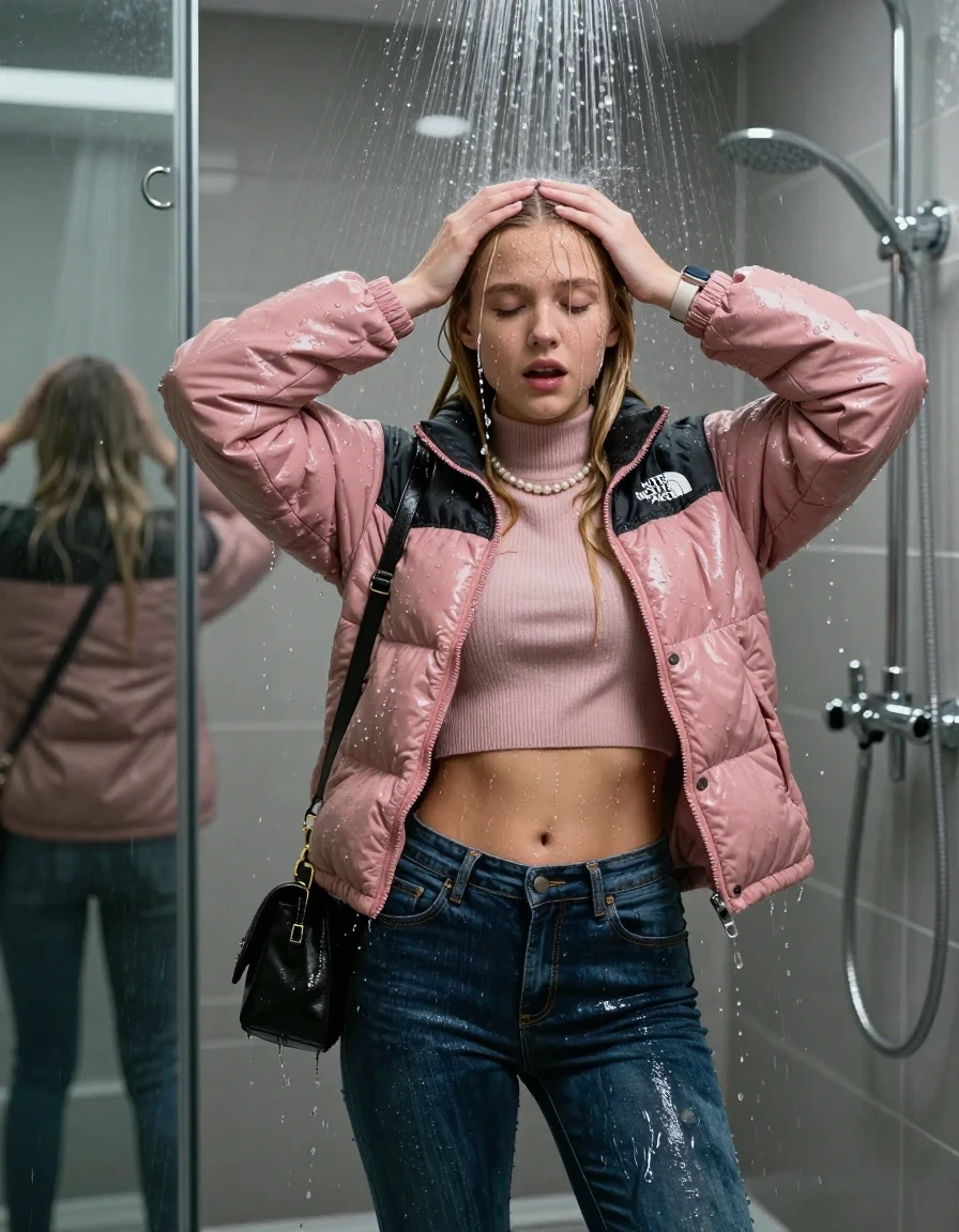 photo of young woman, in soaking wet, drenched clothes,
, glistening soaked tight skinny jeans, Glistening pink down jacket from north face,  glistening soaked tight knit turtleneck sweater belly free, shoulderbag, pearl necklace, smartwatch , 15-year-old teenage Girl standing directly under a heavy, powerful stream of water in a modern mirrored shower, a friend Look shocked at her, 
enjoying, wet clothes stuck to body,
detailed textures of the wet clothes, wet face, wet plastered hair,
wet, drenched, professional, high-quality details, full body view.
sharp focus, ultra-high pixel detail, realistic, high-quality, full colors, incredibly detailed, 4k, 8k, 16k, hyper-realistic, RAW photo, masterpiece, ultra-detailed, professionally color graded, professional photograph, View from behind: 15-year-old teenage girl. looking at camera.
wet plastered hair. Blonde sleek long straight hair with water cascading down her face and neck. Horny and embarrassed. open mouth, closed eyes. Holding her hands on her forehead.

The lighting is bright and cinematic, highlighting the glistening water droplets on her skin and the saturated texture of her clothes.

her clothes are heavy from the water, water runs from her body and her clothes in streams. A lot of water also runs out of her clothes. Her clothes are darkened by the water. Her submerged clothes are clinging wet. 
soft atmospheric lighting reflecting off the surface, cinematic medium shot, hyper-realistic wetness, high-contrast water sheen, 8k resolution, sharp focus, detailed skin texture., wet skin, wet clothes, damp fabric,, wet skin, wet clothes, damp fabric, wet skin, wet clothes, damp fabric, wet skin, wet clothes, damp fabric, wet skin, wet clothes, damp fabric, wet skin, wet clothes, damp fabric, wet skin, wet clothes, damp fabric, wet skin, wet clothes, damp fabric, wet skin, wet clothes, damp fabric, wet skin, wet clothes, damp fabric, wet skin, wet clothes, damp fabric, wet skin, wet clothes, damp fabric