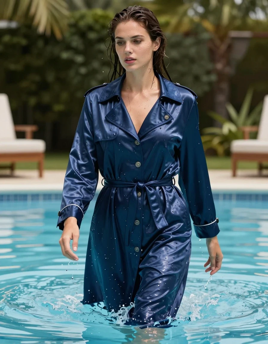 photo of young woman, in soaking wet, drenched clothes,
Sandals, Long satin trench coat, Blue dark pyjama, Pool outdoor, 
enjoying, wet clothes stuck to body,
detailed textures of the wet clothes, wet face, wet plastered hair,
wet, drenched, professional, high-quality details, full body view.
sharp focus, ultra-high pixel detail, realistic, high-quality, full colors, incredibly detailed, 4k, 8k, 16k, hyper-realistic, RAW photo, masterpiece, ultra-detailed, professionally color graded, professional photograph, I will a lady swimming in the pool in her satin pjs with her satin trench coat., wet skin, wet clothes, damp fabric