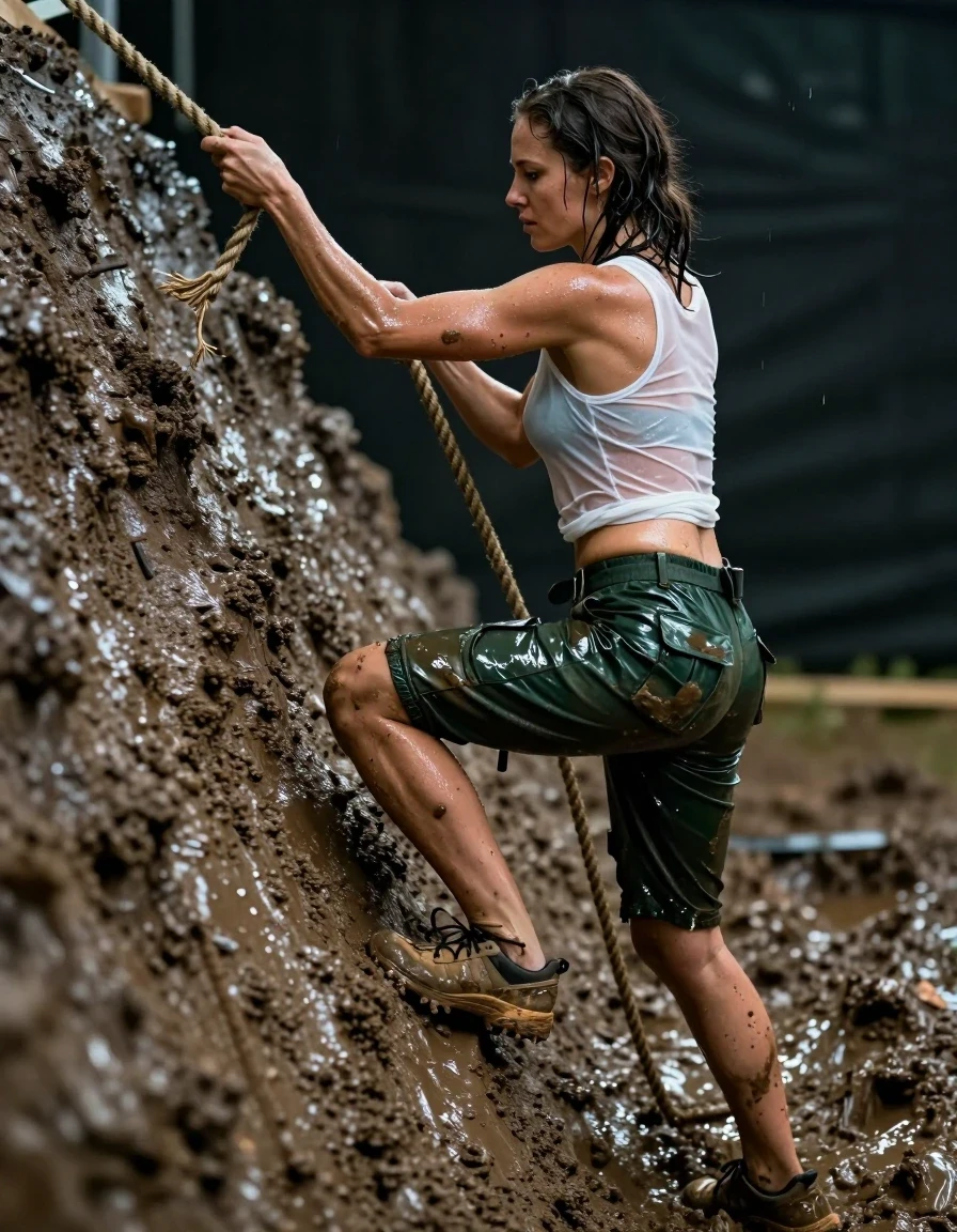 Side view of a slim Mediterranean woman climbing a steep, slick muddy embankment on an assault course, gripping a thick, frayed rope with mud-caked hands. She is wearing a thin, white cropped tank top that is soaking wet, clinging transparently to her torso with visible skin texture beneath, and glistening wet dark green cargo shorts with a belt, the fabric heavy with water, darkened, and clinging to her legs. She wears mud-splattered trainers on her feet. Her skin is glistening with a sheen of water, and her hair is wet and matted against her neck. The environment is a rugged, rain-slicked obstacle course with deep, churned mud and dark, wet earth. High-resolution photography, sharp focus on the textures of the mud and wet fabrics, dramatic side-lighting highlighting the water sheen on her skin and the heavy, saturated folds of her clothing, cinematic composition, photorealistic, 8k, detailed skin pores and fabric weave.