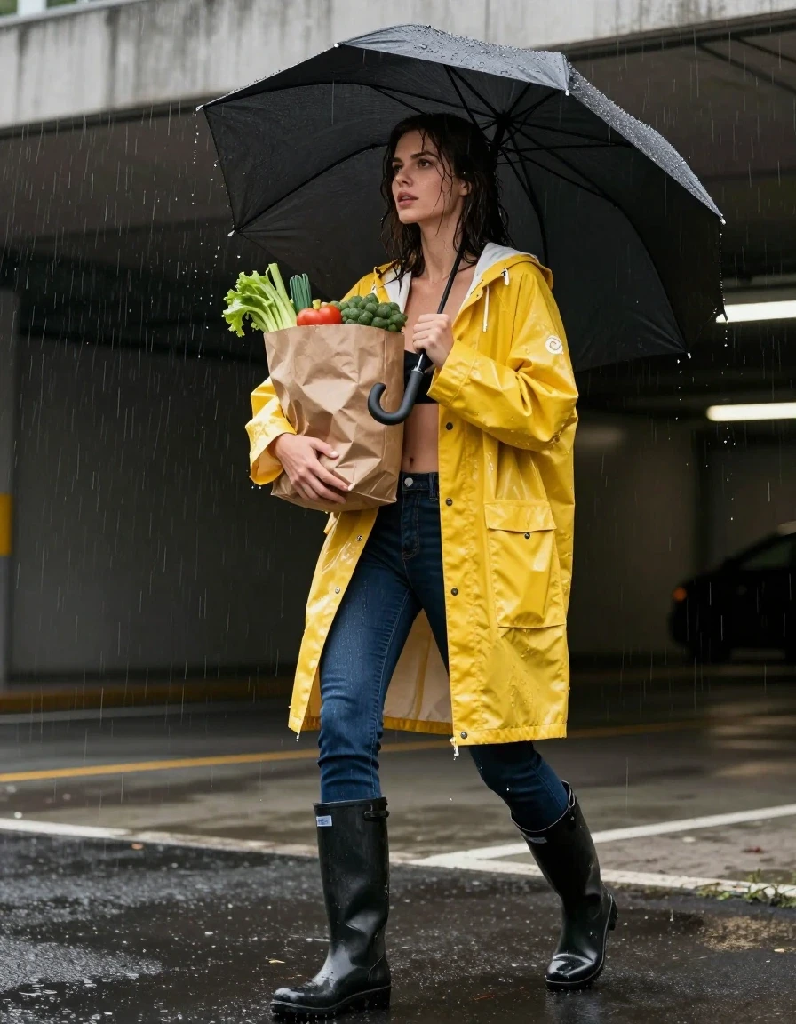 photo of young woman, in soaking wet, drenched clothes,
black rubber knee-high rain boots, navy blue skinny jeans, completely soaked, clinging to skin, oversized lemon yellow hooded raincoat, heavy fabric saturation, translucent wet sheen, under the concrete overhang of a dimly lit parking garage entrance, 
enjoying, wet clothes stuck to body,
detailed textures of the wet clothes, wet face, wet plastered hair,
wet, drenched, professional, high-quality details, full body view.
sharp focus, ultra-high pixel detail, realistic, high-quality, full colors, incredibly detailed, 4k, 8k, 16k, hyper-realistic, RAW photo, masterpiece, ultra-detailed, professionally color graded, professional photograph, woman holding a wet paper grocery bag overflowing with produce, struggling to adjust an umbrella against wind-driven rain, flash photography creating sharp glossy reflections on the wet coat surface, photorealistic lifestyle photography, rich natural colors, balanced bright exposure, cinematic side-angle framing., wet skin, wet clothes, damp fabric