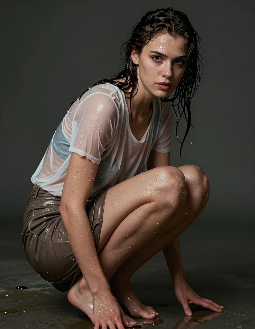 photo of young woman, in soaking wet, drenched clothes,
Barefoot, Loose skirt , Blouse , , 
enjoying, wet clothes stuck to body,
detailed textures of the wet clothes, wet face, wet plastered hair,
wet, drenched, professional, high-quality details, full body view.
sharp focus, ultra-high pixel detail, realistic, high-quality, full colors, incredibly detailed, 4k, 8k, 16k, hyper-realistic, RAW photo, masterpiece, ultra-detailed, professionally color graded, professional photograph, Transparent top, wet skin, wet clothes, damp fabric