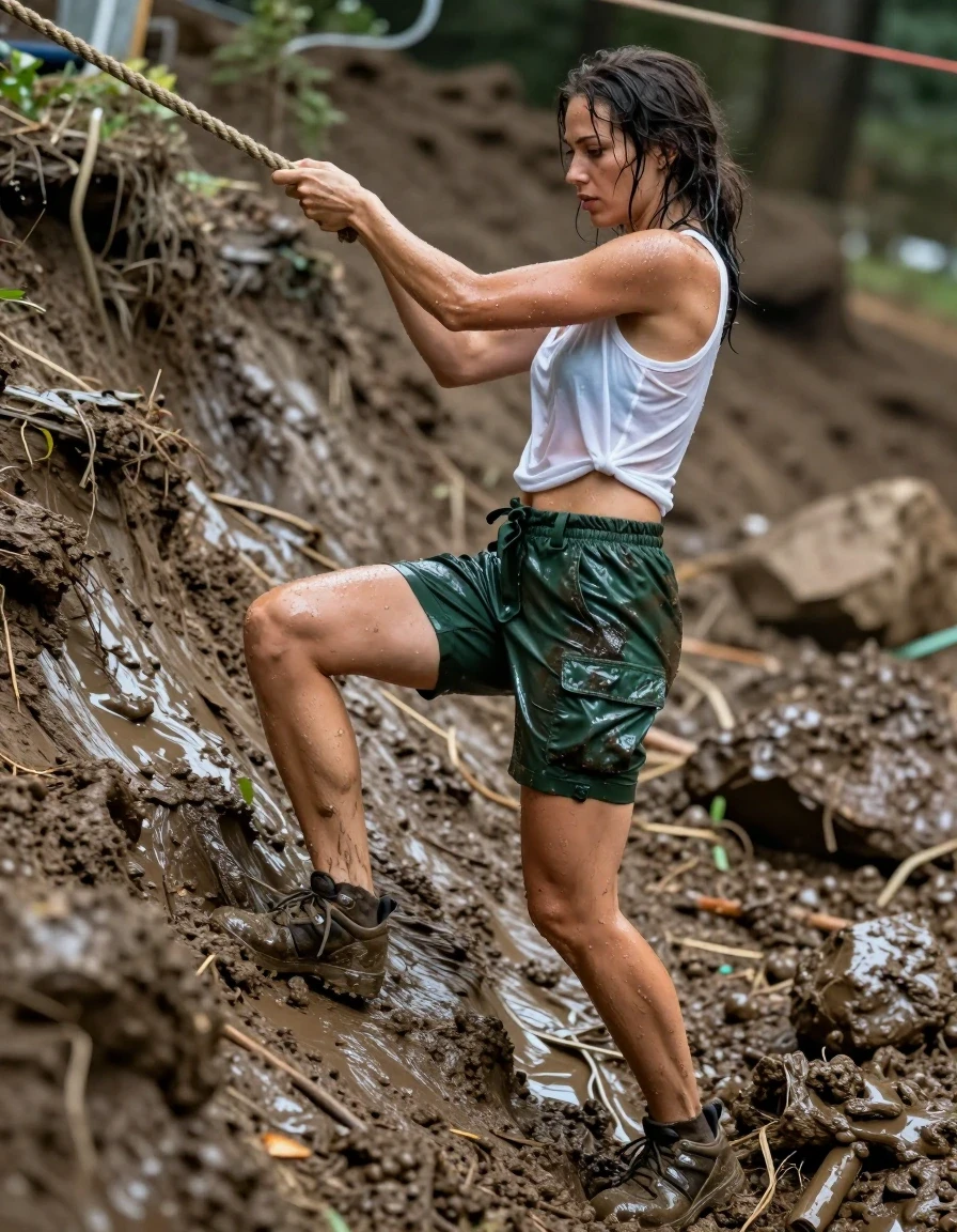 A side view, full-body shot of a slim young adult Mediterranean woman navigating a steep, slick muddy embankment on a rugged assault course. She is pulling herself up using a thick, coarse rope, her body tense with effort. She wears a white cropped tank top that is soaking wet, clinging tightly to her skin, becoming translucent and heavy with moisture, revealing the texture of her skin beneath. She is dressed in dark green cargo shorts that are glistening wet, with visible water-saturated fabric, dark patches, and heavy wet folds around the belt and pockets. Her feet are encased in muddy trainers, caked with thick, wet earth. Her skin is glistening with a sheen of moisture, and her hair is damp and matted against her neck. The scene is captured in high-detail photorealism, emphasizing the contrast between the muddy, textured terrain and the glossy, reflective wetness of her clothes and skin. Cinematic lighting highlights the water droplets and the deep, saturated colors of the soaked fabric, 8k resolution, sharp focus on the textures of mud, rope, and wet textile.