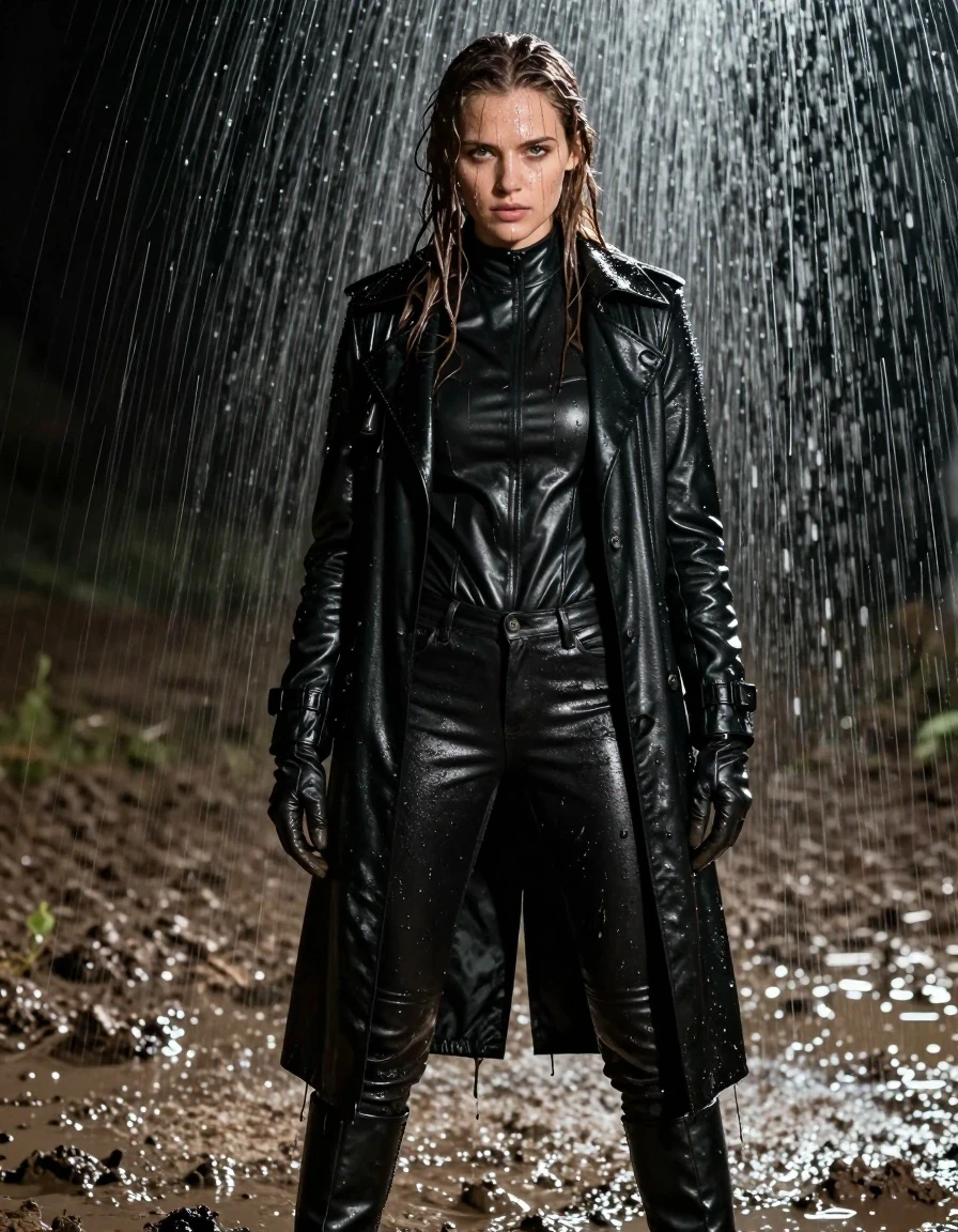 A photorealistic full-body shot of a young adult European woman with long, dripping wet brown hair, standing directly under a heavy shower stream. She is wearing a black leather polar neck shirt, black leather jeans, a black leather trench coat, and leather gloves on both hands, with black leather knee-high boots. Her skin is glistening with water, and her clothes are soaked, heavy, and clinging to her body with deep, dark, saturated tones and realistic folds. She is covered in streaks of mud from a muddy field, with water running down her face and body. The lighting emphasizes the glossy, wet texture of the leather and the sheen of her damp skin. High-resolution, cinematic lighting, hyper-realistic water droplets and rivulets, professional photography.