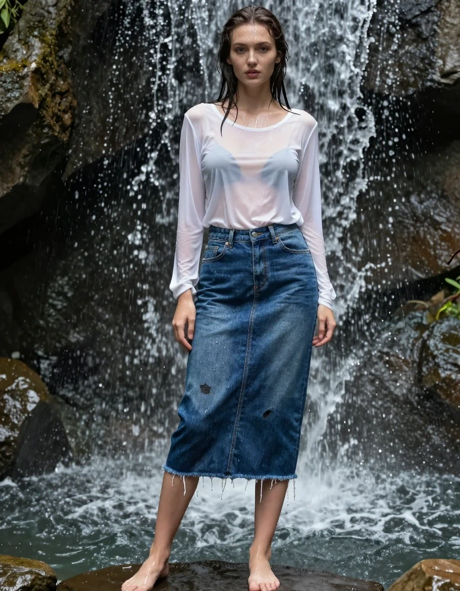 A photorealistic full-body shot of a young adult European woman standing inside an artificial waterfall, her skin and hair drenched and glistening with water sheen. She is wearing a thin, translucent white blouse that is soaking wet, clinging to her torso and revealing her natural form underneath, with no bra worn. She wears an ankle-length denim skirt made of thin fabric with frayed hems; the skirt is a soaking-wet blue denim, water-saturated heavyweight denim, blue changed to deep navy and indigo, with substantially darker unevenly soaked patches, absorbed water, heavy wet folds, visible weave and stitching, and strong glossy specular reflections on the raised weave, seams, and creases. She is barefoot, standing firmly on the wet stone basin. The lighting is bright and directional, emphasizing the water cascading over her and the textured, heavy wetness of the denim. High-resolution, 8k, cinematic photography, sharp focus on the wet fabric textures and water droplets on skin.