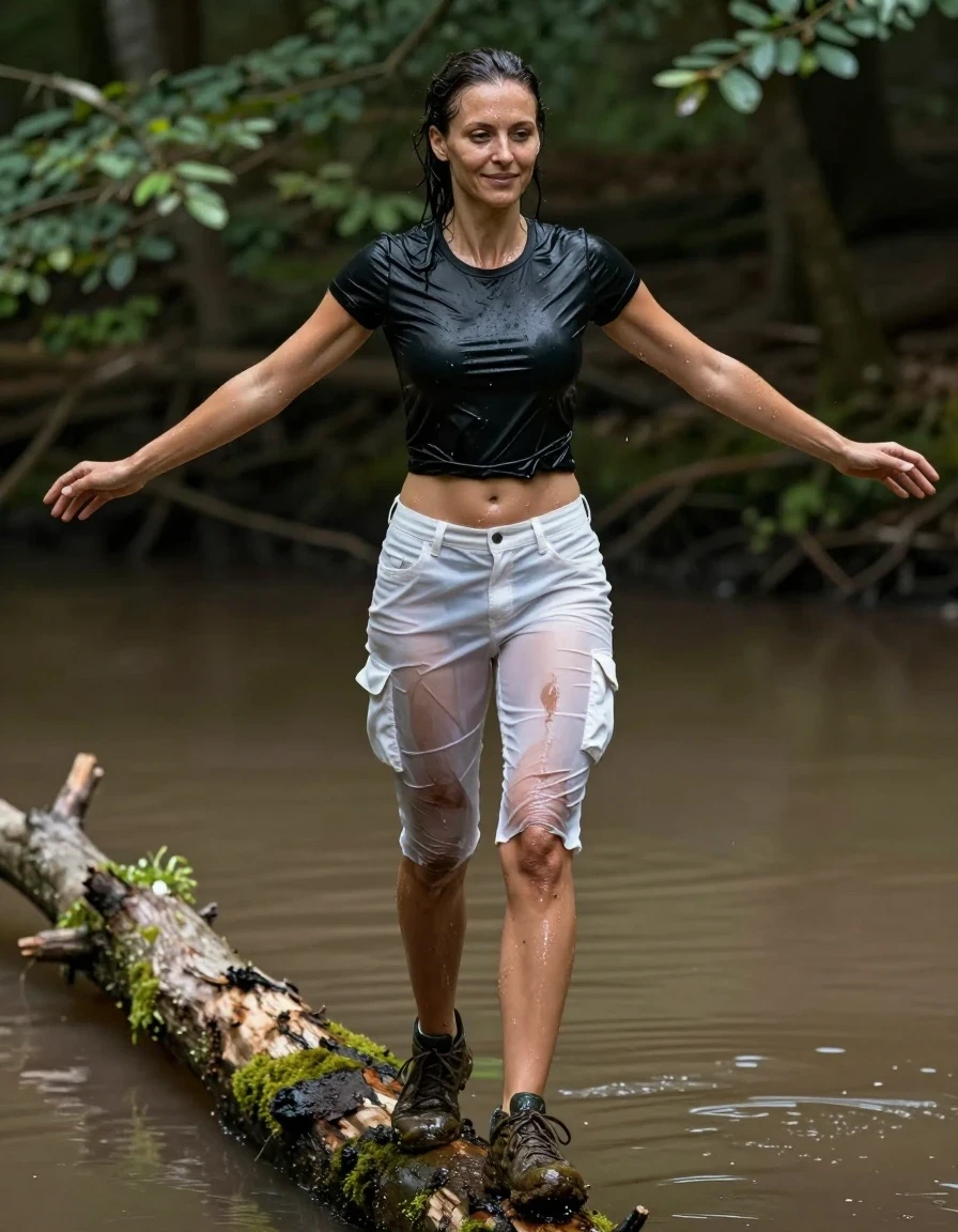 A photorealistic full-body shot of a slim Mediterranean woman with damp, slicked-back hair and glistening wet skin. She is wearing a clinging, black crop top that is thoroughly soaked, showing heavy water-saturated texture and fabric transparency. She wears thin, white, mid-length cargo shorts with a belt, the fabric clinging tightly to her legs, slightly translucent from the water, revealing dark soaked patches and heavy wet folds. Her feet are encased in muddy trainers covered in wet earth. She is balanced on a narrow, mossy wooded log suspended over a murky, muddy pond, arms outstretched for stability, a faint, focused smile on her face. The lighting is natural daylight filtering through a forest canopy, highlighting the sheen on her wet skin and the heavy, clinging quality of her sodden clothing. Cinematic composition, high detail, sharp focus, 8k resolution, realistic skin textures, moisture beads, and water-logged fabric physics.