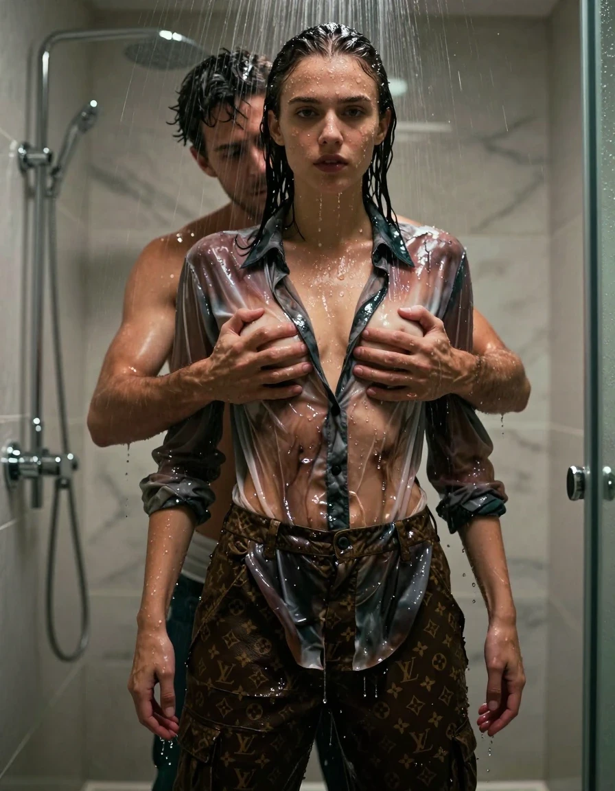 A hyper-realistic, cinematic shot of a young adult European woman in a luxurious walk-in shower, her skin and hair glistening with water droplets and a constant downpour. She is wearing a Louis Vuitton shirt and cargo pants, both fabrics completely drenched, clinging to her body, and darkened by saturation, with heavy, wet folds and a translucent sheen. Behind her, a man is surreptitiously groping her breasts with his hands; she remains oblivious, looking forward with a neutral expression. She is wearing socks that are soaked through and heavy with water. The environment features high-end marble tiling, steam, and soft, dramatic backlighting that emphasizes the water sheen on their skin and the deep, saturated tones of the wet clothing. The composition is a medium close-up, focusing on the texture of the clinging, damp fabric and the intricate play of water on the surfaces, 8k resolution, photorealistic, high contrast, sharp details.