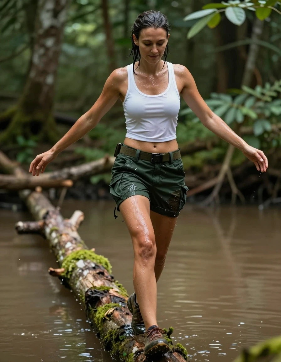 A photorealistic full-body shot of a slim Mediterranean woman with damp, slicked-back hair and glistening wet skin, walking across a narrow, mossy wooded log suspended over a murky, stagnant muddy pond. She is wearing a thin, soaking-wet white cropped tank top that clings tightly to her torso, revealing skin texture underneath, paired with dark green cargo shorts with a tactical belt, the fabric heavily saturated, clinging to her thighs, and showing dark, uneven water-soaked patches and heavy folds. She is wearing muddy, water-caked trainers. Her arms are outstretched to the sides for balance, her expression one of intense concentration with a faint, subtle smile. The lighting is natural, filtered through dense forest canopy, highlighting the wet sheen on her clothes and skin. Cinematic composition, hyper-realistic textures, 8k resolution, sharp focus on the subject, water droplets and moisture saturation everywhere.