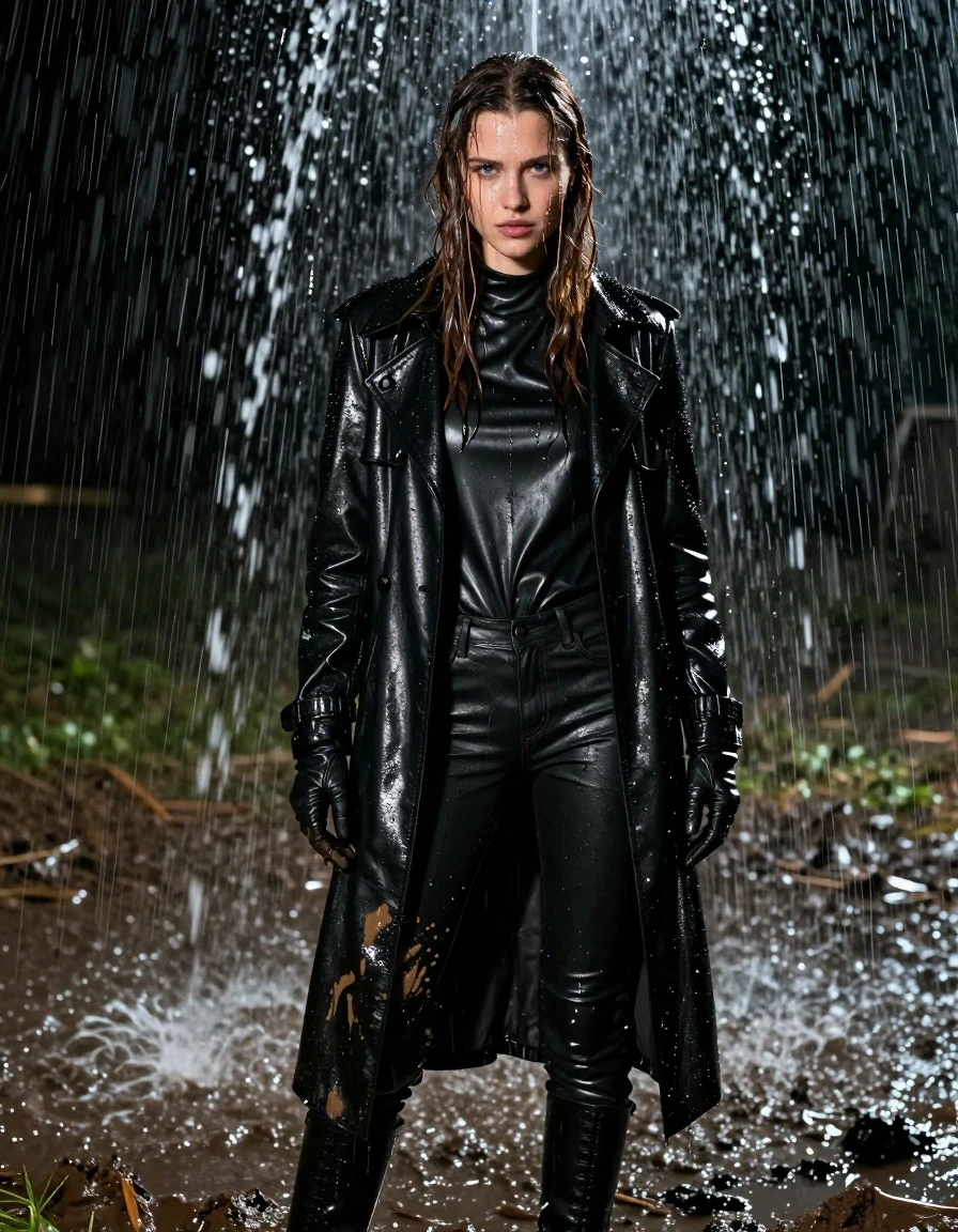 A photorealistic medium shot of a young European woman with long, dripping wet brown hair, standing directly under the heavy flow of a fountain in a dark, rain-swept night. Her skin is glistening with water, and she is heavily splattered with mud from a nearby muddy field. She is wearing a black leather polar neck shirt, black leather gloves, black leather jeans, and a black leather trench coat, all drenched with water and clinging to her body. She wears black leather knee-high boots. Water streams down her face and clothing, creating a heavy, soaked texture with visible sheen and highlights. The scene is set in heavy rain at night, with water flowing off her in rivulets. High-contrast cinematic lighting catches the water droplets and the reflective, wet leather surfaces. No nudity, no skin exposure beyond face and hands, fully clothed, realistic textures, 8k resolution, highly detailed, sharp focus.