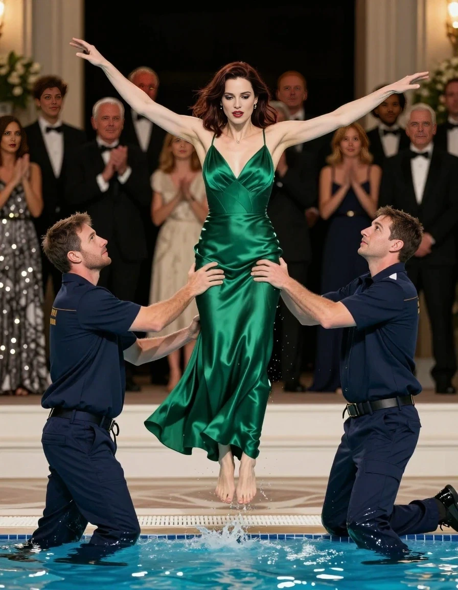 Full-length vertical fashion photograph at the edge of a luxury swimming pool. In the center, a 25-year-old woman with shoulder-length dark auburn hair, wearing a sophisticated floor-length emerald green silk evening gown, is held mid-air by two professional lifeguards, one on her left and one on her right. The lifeguards are wearing navy blue lifeguard uniforms. The woman is captured in a graceful, slightly tense pose just before being tossed into the water. The background features a blurred crowd of onlookers at a charity event, with dramatic lighting highlighting the sheen of the green silk gown. The atmosphere is cinematic and high-energy. Professional fashion photography style. The depicted adult woman has shoulder-length dark auburn hair.