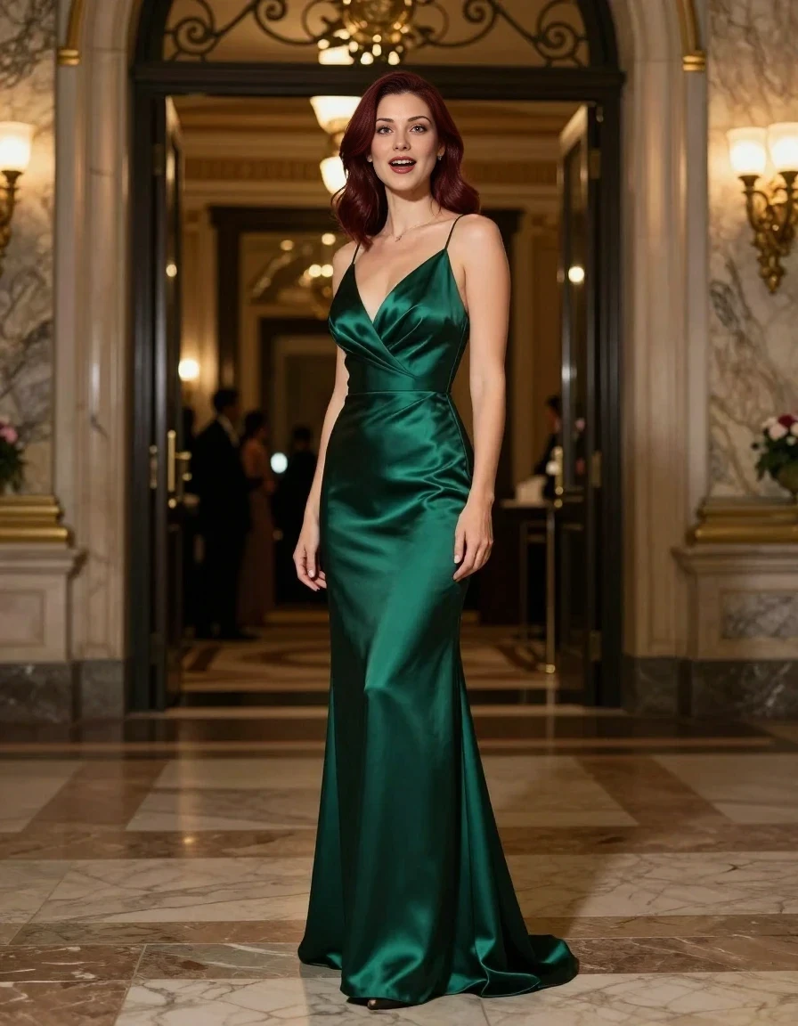 Full-length vertical fashion photograph of a 25-year-old woman standing gracefully in front of the grand, ornate entrance of a luxurious gala venue. She is wearing a sophisticated, floor-length emerald green silk evening gown that catches the light with a soft sheen. She has shoulder-length dark auburn hair styled elegantly. She is looking toward the camera with an excited, radiant expression, ready for the evening. The background features polished marble columns, warm golden lighting, and elegant architectural details of the event entrance. Professional studio lighting, cinematic quality, high fashion style. The depicted adult woman has shoulder-length dark auburn hair. Show her face clearly toward the camera at a mild three-quarter angle, large enough for a natural portrait face reference.