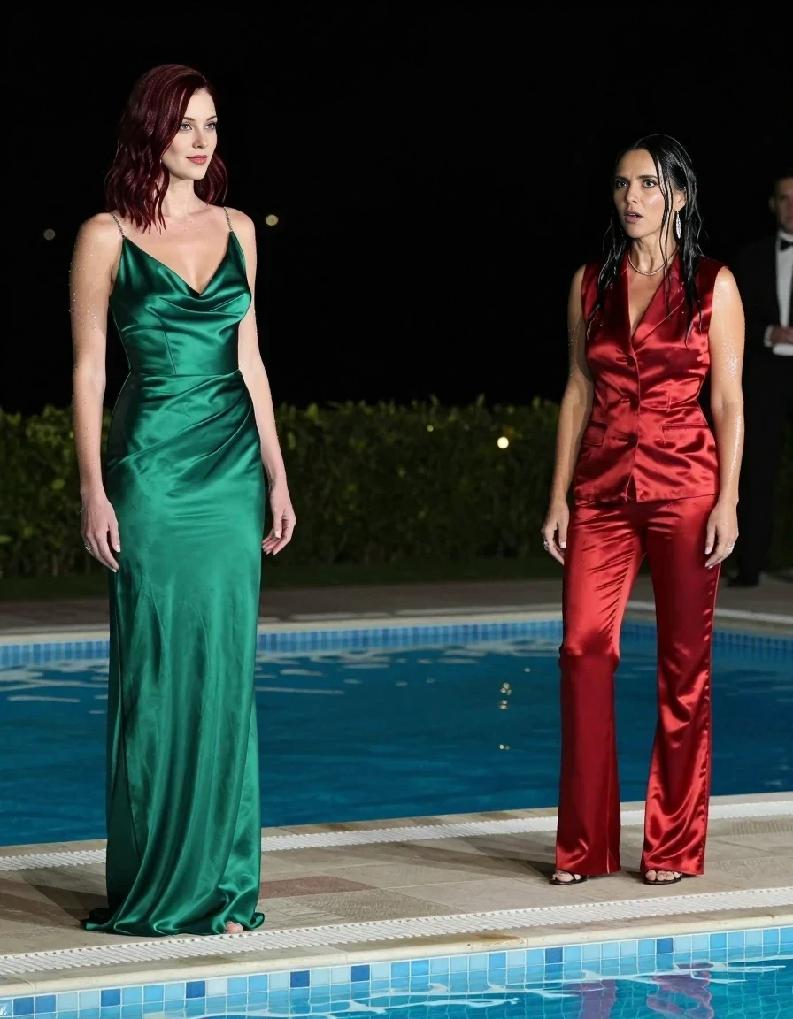 Full-length vertical fashion photograph at the edge of a luxury swimming pool during a charity event. On the left, a 25-year-old woman with shoulder-length dark auburn hair, wearing a sophisticated floor-length emerald green silk evening gown, stands poised and ready. On the right, a woman acting as the chairperson, dressed in a stylish wet-look red silk gilet and matching trousers, stands near the water's edge. The 25-year-old woman is reaching out to initiate the toss, while the chairperson looks on with a mix of anticipation and surprise. The lighting is cinematic, highlighting the shimmering textures of the silk fabrics against the reflective water of the pool. Professional fashion photography style, high-end event atmosphere. The depicted adult woman has shoulder-length dark auburn hair.