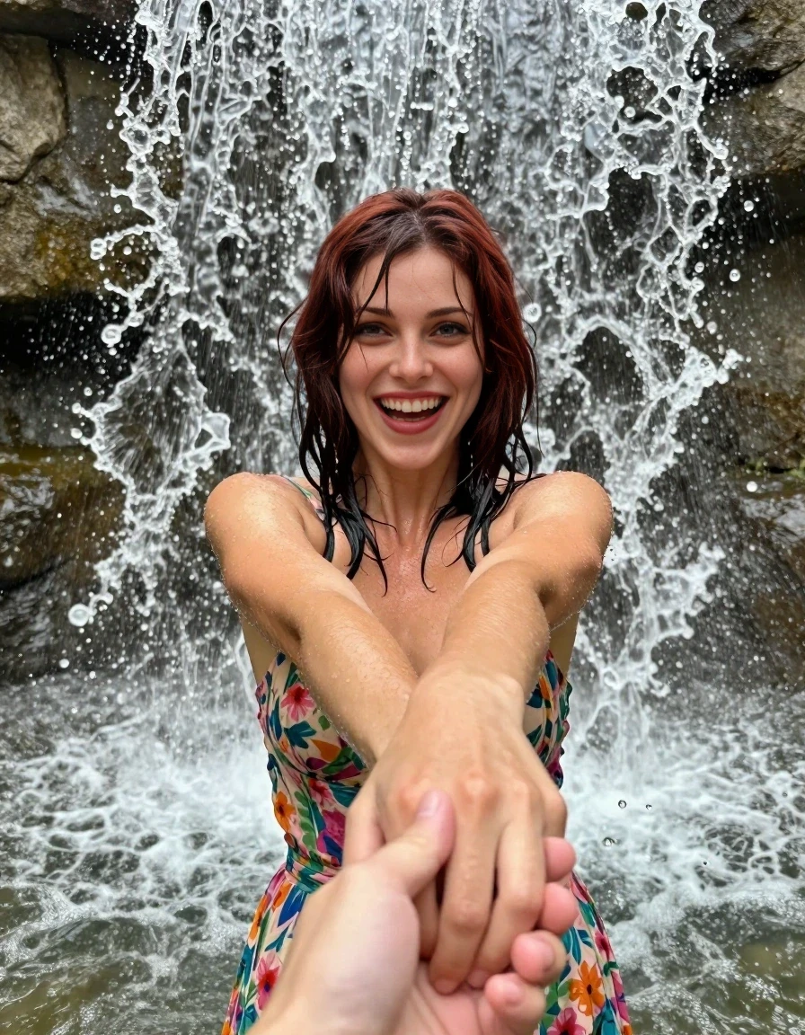 First-person perspective (POV) photograph looking forward at an adult woman leading the viewer directly under a powerful, cascading stone fountain waterfall. The woman is in the center, facing the viewer with a joyful, exhilarated smile, her shoulder-length dark auburn hair completely wet and matted against her face. She is wearing a floral sundress that is soaking wet and clinging to her body. She is firmly holding the viewer's hand with her left hand, pulling them into the heavy, splashing water. The scene is captured in high-quality editorial style with bright, natural lighting, with heavy water spray and droplets filling the air. The background is the interior of the waterfall cascade. The depicted adult woman has shoulder-length dark auburn hair. The depicted adult woman has shoulder-length dark auburn hair. Show her face clearly toward the camera at a mild three-quarter angle, large enough for a natural portrait face reference.
