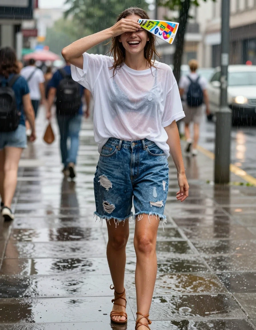 A young adult European woman laughing while shielding her face with a colorful festival program on a bustling metropolitan city sidewalk during a sudden intense summer storm. She is wearing an oversized sheer white cotton t-shirt that is heavily saturated, translucent, and clinging to her skin. Her distressed light-wash denim shorts are soaking-wet blue denim, water-saturated heavyweight denim, blue changed to deep navy and indigo, with substantially darker unevenly soaked patches, absorbed water, heavy wet folds, visible weave and stitching, and strong glossy specular reflections on the raised weave, seams, and creases. She wears strappy leather gladiator sandals soaked in dark puddles. Her hair and eyelashes have droplets clinging to them. High-speed rain streaks are visible throughout the frame. The scene is captured with a wide-angle lens for a full-body perspective, featuring rich natural color, balanced bright exposure, moderate contrast, and softly lifted shadows. The image is photorealistic lifestyle photography. The subject has clean, natural features without makeup. The composition is sharp, clear, and anatomically correct, with no nudity, no lingerie, no sexual or provocative elements, no studio lighting, no plastic textures, no cartoons, no illustrations, no blurred or distorted elements, and no extra limbs.