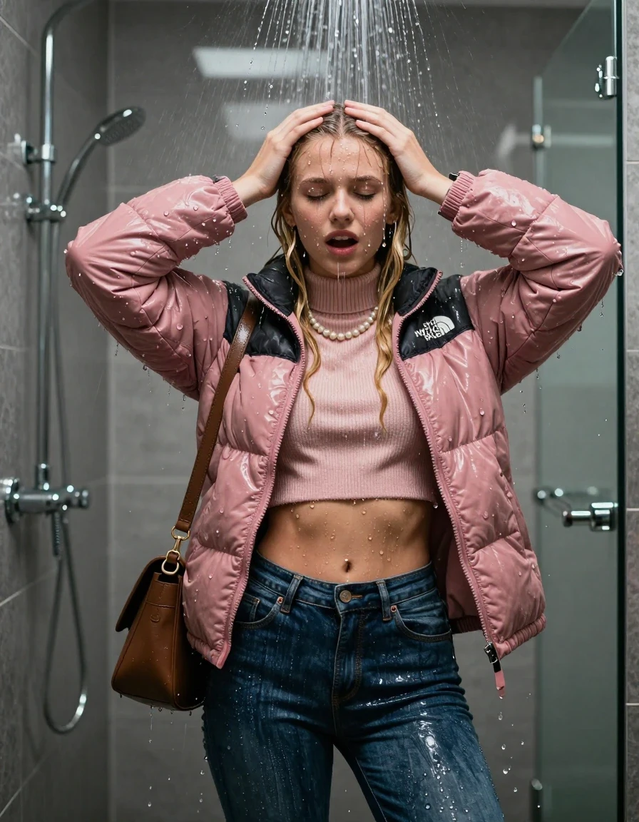 photo of young woman, in soaking wet, drenched clothes,
, glistening soaked tight skinny jeans, Glistening pink down jacket from north face,  glistening soaked tight knit turtleneck sweater belly free, shoulderbag, pearl necklace, smartwatch , 15-year-old teenage Girl standing directly under a heavy, powerful stream of water in a modern mirrored shower., 
enjoying, wet clothes stuck to body,
detailed textures of the wet clothes, wet face, wet plastered hair,
wet, drenched, professional, high-quality details, full body view.
sharp focus, ultra-high pixel detail, realistic, high-quality, full colors, incredibly detailed, 4k, 8k, 16k, hyper-realistic, RAW photo, masterpiece, ultra-detailed, professionally color graded, professional photograph, View from behind: 15-year-old teenage girl. looking at camera.
wet plastered hair. Blonde sleek long straight hair with water cascading down her face and neck. Horny and embarrassed. open mouth, closed eyes. Holding her hands on her forehead.

The lighting is bright and cinematic, highlighting the glistening water droplets on her skin and the saturated texture of her clothes.

her clothes are heavy from the water, water runs from her body and her clothes in streams. A lot of water also runs out of her clothes. Her clothes are darkened by the water. Her submerged clothes are clinging wet. 
soft atmospheric lighting reflecting off the surface, cinematic medium shot, hyper-realistic wetness, high-contrast water sheen, 8k resolution, sharp focus, detailed skin texture., wet skin, wet clothes, damp fabric,, wet skin, wet clothes, damp fabric, wet skin, wet clothes, damp fabric, wet skin, wet clothes, damp fabric, wet skin, wet clothes, damp fabric, wet skin, wet clothes, damp fabric, wet skin, wet clothes, damp fabric, wet skin, wet clothes, damp fabric, wet skin, wet clothes, damp fabric, wet skin, wet clothes, damp fabric, wet skin, wet clothes, damp fabric, wet skin, wet clothes, damp fabric