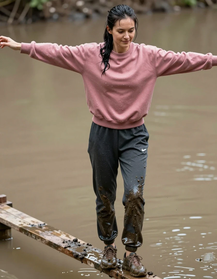 A photorealistic full-body shot of a slim young adult European woman with tied-back black hair, standing on a narrow, weathered wooden beam suspended over a murky, stagnant muddy pond. She is captured in a precarious balancing act, arms outstretched wide for stability, her face showing intense concentration with a faint, subtle smile. Her skin is glistening with moisture, and her hair is damp and slicked back. She is wearing a dark pink sweatshirt, saturated with water, heavy with weight, clinging to her torso with deep, dark folds and a sheen of moisture. Below, she wears dark grey marl Nike sweatpants, heavily soaked and water-logged, clinging to her legs with realistic weight, deep creases, and a pronounced glistening wetlook texture. Her feet are encased in muddy, water-logged trainers, covered in splatters of pond muck. The lighting is natural, overcast daylight, highlighting the specular reflections on the wet fabric and glistening skin. Cinematic composition, shallow depth of field, high-resolution photography, sharp focus on the textures of the soaked clothing and the muddy environment.