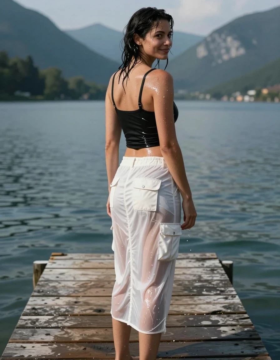 A hyper-realistic full-body shot from behind of a slim Mediterranean woman standing at the edge of a weathered wooden pier extending over a serene lake, with majestic mountains in the distance. She is looking back over her shoulder with a natural, gentle smile. Her skin is glistening with moisture, dripping with water, and her dark hair is slicked back and wet. She wears a thin white cargo skirt that is completely soaked, clinging to her frame, translucent and revealing, with deep water-saturated patches and heavy wet folds. She wears a black crop-top that is clinging tightly to her torso, glistening with a high-sheen wet texture. The lighting is natural daylight, highlighting the wet sheen on her skin and the dark, wet texture of her clothing. The scene is captured with sharp photographic detail, focusing on the contrast between the wet fabric textures, her damp skin, and the wooden textures of the pier. 8k resolution, cinematic composition, photorealistic, realistic skin pores and water droplets.