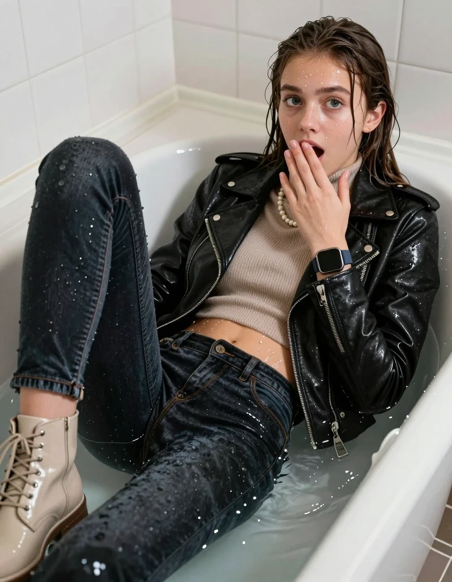 photo of young woman, in soaking wet, drenched clothes,
Beige boots, glistening soaked tight skinny jeans, Glistening black biker leatherjacket,  glistening soaked tight knit turtleneck sweater belly free, shoulderbag, pearl necklace, smartwatch , 15-year-old teenage Girl lying in a warm bathtub with only her head above the water, 
enjoying, wet clothes stuck to body,
detailed textures of the wet clothes, wet face, wet plastered hair,
wet, drenched, professional, high-quality details, full body view.
sharp focus, ultra-high pixel detail, realistic, high-quality, full colors, incredibly detailed, 4k, 8k, 16k, hyper-realistic, RAW photo, masterpiece, ultra-detailed, professionally color graded, professional photograph, 15-year-old teenage girl. looking at camera.
wet plastered hair. Brunett sleek long straight hair. shocked and astonished. open mouth, big eyes. hold a hand on her mouth.

her clothes are heavy from the water, water runs from her body and her clothes in streams. A lot of water also runs out of her clothes. Her clothes are darkened by the water. Her submerged clothes are clinging wet. 
soft atmospheric lighting reflecting off the surface, cinematic medium shot, hyper-realistic wetness, high-contrast water sheen, 8k resolution, sharp focus, detailed skin texture., wet skin, wet clothes, damp fabric,, wet skin, wet clothes, damp fabric, wet skin, wet clothes, damp fabric, wet skin, wet clothes, damp fabric, wet skin, wet clothes, damp fabric, wet skin, wet clothes, damp fabric, wet skin, wet clothes, damp fabric, wet skin, wet clothes, damp fabric, wet skin, wet clothes, damp fabric, wet skin, wet clothes, damp fabric, wet skin, wet clothes, damp fabric, wet skin, wet clothes, damp fabric