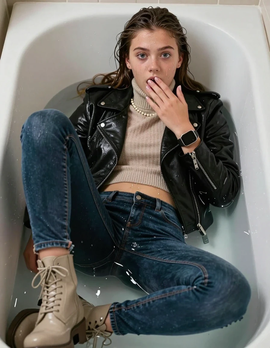 photo of young woman, in soaking wet, drenched clothes,
Beige boots, glistening soaked tight skinny jeans, Glistening black biker leatherjacket,  glistening soaked tight knit turtleneck sweater belly free, shoulderbag, pearl necklace, smartwatch , 15-year-old teenage Girl lying in a warm bathtub with only her head above the water, 
enjoying, wet clothes stuck to body,
detailed textures of the wet clothes, wet face, wet plastered hair,
wet, drenched, professional, high-quality details, full body view.
sharp focus, ultra-high pixel detail, realistic, high-quality, full colors, incredibly detailed, 4k, 8k, 16k, hyper-realistic, RAW photo, masterpiece, ultra-detailed, professionally color graded, professional photograph, 15-year-old teenage girl. looking at camera.
wet plastered hair. Brunett sleek long straight hair. shocked and astonished. open mouth, big eyes. hold a hand on her mouth.

her clothes are heavy from the water, water runs from her body and her clothes in streams. A lot of water also runs out of her clothes. Her clothes are darkened by the water. Her submerged clothes are clinging wet. 
soft atmospheric lighting reflecting off the surface, cinematic medium shot, hyper-realistic wetness, high-contrast water sheen, 8k resolution, sharp focus, detailed skin texture., wet skin, wet clothes, damp fabric,, wet skin, wet clothes, damp fabric, wet skin, wet clothes, damp fabric, wet skin, wet clothes, damp fabric, wet skin, wet clothes, damp fabric, wet skin, wet clothes, damp fabric, wet skin, wet clothes, damp fabric, wet skin, wet clothes, damp fabric, wet skin, wet clothes, damp fabric, wet skin, wet clothes, damp fabric, wet skin, wet clothes, damp fabric, wet skin, wet clothes, damp fabric