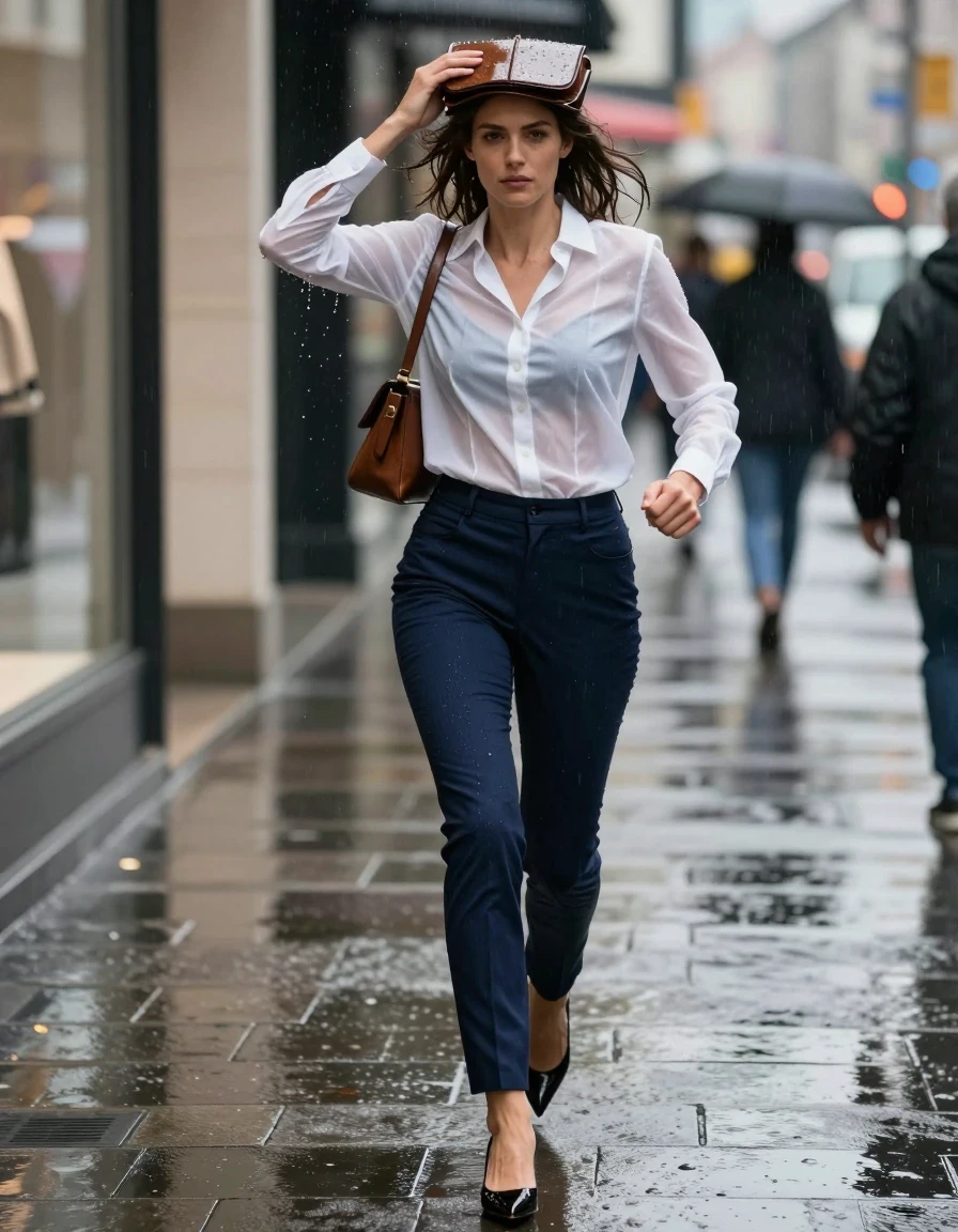A professional young adult European woman sprinting through a bustling urban shopping district on a rainy city sidewalk, captured in a medium full-body editorial fashion shot. She is shielding her head with a leather handbag, her expression focused and serious. She wears a fitted white button-up blouse that is sheer from intense saturation, clinging to her frame, and slim-fit navy blue dress trousers heavy with rainwater, with the fabric saturated and clinging to her skin. On her feet are black patent leather pointed-toe heels, completely drenched with raindrops and reflecting the city lights. Her hair is plastered to her head, with droplets clinging to her skin and clothes. The background features blurred store windows and wet pavement. Photorealistic, cinematic lighting, 35mm lens, high-quality fabric texture, intense wetness, water sheen, sharp focus on subject.
