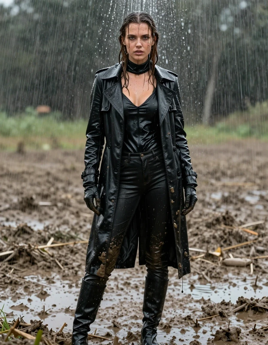 A photorealistic full-body shot of a young adult European woman with long, dripping wet brown hair, standing directly under a shower in a muddy field. Her skin is glistening with water, and she is covered in streaks and splatters of dark mud. She is wearing a black leather polar neck shirt, black leather gloves, a long black leather trench coat, black leather jeans, and black leather knee-high boots. All leather garments are heavily drenched, showing deep saturated tones, water sheen, heavy folds, and clinging texture due to the water. The mud is thick and wet, coating her clothes and skin in realistic patches. The lighting highlights the glossy reflection of the water on the leather and wet skin. The composition is a cinematic medium shot capturing the intense downpour, with water cascading off her hair and clothes, emphasizing the heavy, saturated, and drenched aesthetic of the scene.