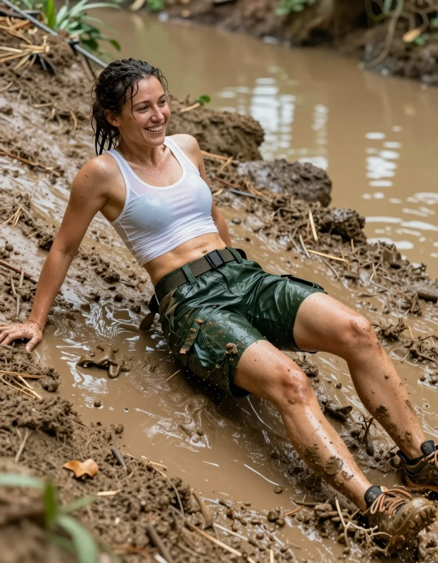 A photorealistic action shot of a slim Mediterranean woman with glistening wet skin and damp hair, sliding rapidly on her back down a steep, slick muddy embankment on an intense assault course towards a murky pond. She is wearing a thin, white cropped tank top that is soaking wet, translucent, and clinging tightly to her torso, revealing skin texture underneath. She wears glistening, wet, dark green cargo shorts with a tactical belt, the fabric heavy and saturated with mud and water. Her feet are encased in muddy, dirt-caked trainers. She has a wide, joyful smile on her face. The lighting is natural daylight, highlighting the glossy sheen of the wet fabric and skin. The atmosphere is gritty and realistic, with splatters of mud and water droplets. No harness, no safety gear, no ropes, no cables, clear unobstructed view of the subject and environment.