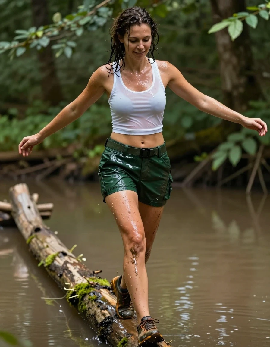 A full-body photorealistic shot of a slim Mediterranean woman with damp, tousled hair and glistening, dewy skin, walking across a narrow, mossy wooden log suspended above a murky, reflective muddy pond. She is wearing a clinging, translucent-when-wet white cropped tank top that shows heavy saturation and body-hugging folds, paired with glistening, wet dark green cargo shorts with a tactical belt, the fabric appearing deep forest green and heavy with moisture. She is wearing mud-caked, wet trainers, with thick, drying mud splattered across the fabric. Her arms are outstretched to the sides for balance, her expression one of intense focus with a faint, playful smile. The lighting is natural, filtered through a dense forest canopy, creating strong specular highlights on her wet skin and the saturated, clinging textiles. High-detail photography, 8k resolution, realistic textures, water sheen, hyper-detailed wet fabric behavior.