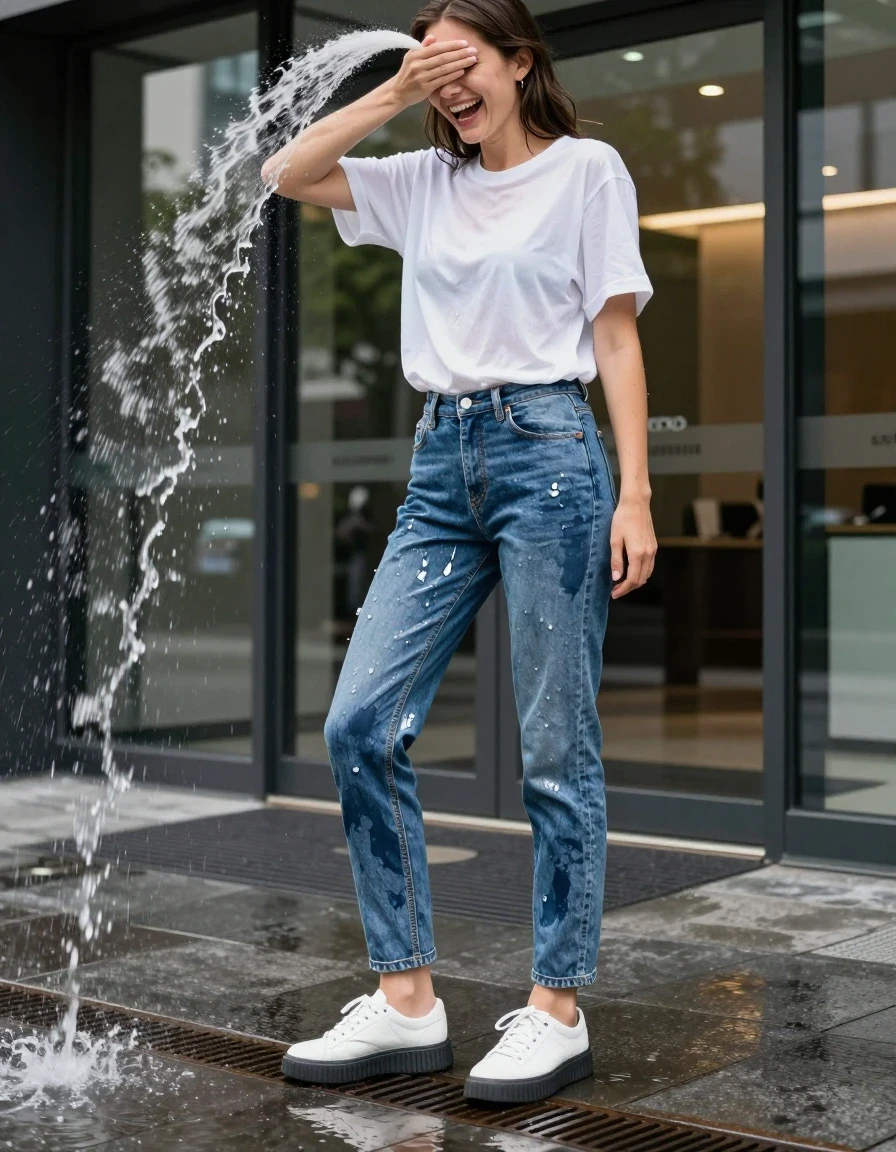 A street photography wide shot of a young adult European woman caught in a sudden burst of water from an overhead drainpipe at the polished glass entrance of a modern corporate office building. She is captured in a moment of surprised laughter, shielding her face with one arm. She wears an oversized white cotton crewneck t-shirt, heavily soaked and translucent, clinging to her torso. Her tapered sky-blue denim jeans are soaking-wet, water-saturated heavyweight denim; the blue has shifted to deep navy and indigo with substantially darker unevenly soaked patches, absorbed water, heavy wet folds, visible weave and stitching, and strong glossy specular reflections on the raised weave, seams, and creases. She wears white leather platform sneakers with dark grey rubber soles. The scene features realistic wet fabric textures, wet skin and hair, and water sheen. The lighting is vibrant and natural, captured at a high shutter speed with sharp focus, maintaining clean anatomy and realistic proportions throughout. Exclude nudity, lingerie, swimwear, makeup smear, distorted features, low resolution, cartoonish styles, oversaturated colors, artificial lighting, and posed static figures.