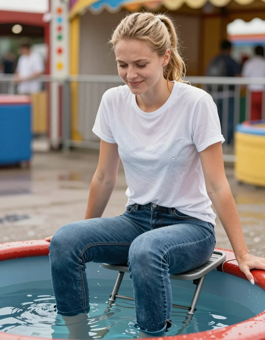 A photorealistic medium shot of a slim young adult European woman with dry blonde hair tied in a neat ponytail, sitting on a folding seat positioned directly over a dunk-tank filled with water. She is wearing a dry white t-shirt and dry blue jeans, with no signs of water, moisture, or dampness on her clothing or hair. She is captured with a nervous smile, looking down toward the water. The scene is brightly lit with natural daylight, highlighting the clean, dry texture of her white cotton t-shirt and the crisp, dry weave of her blue denim jeans. The environment is a fairground or outdoor carnival setting. High-resolution, sharp focus, cinematic lighting, professional photography, clean composition, no water splashes, no wet fabric, no damp hair, no moisture.