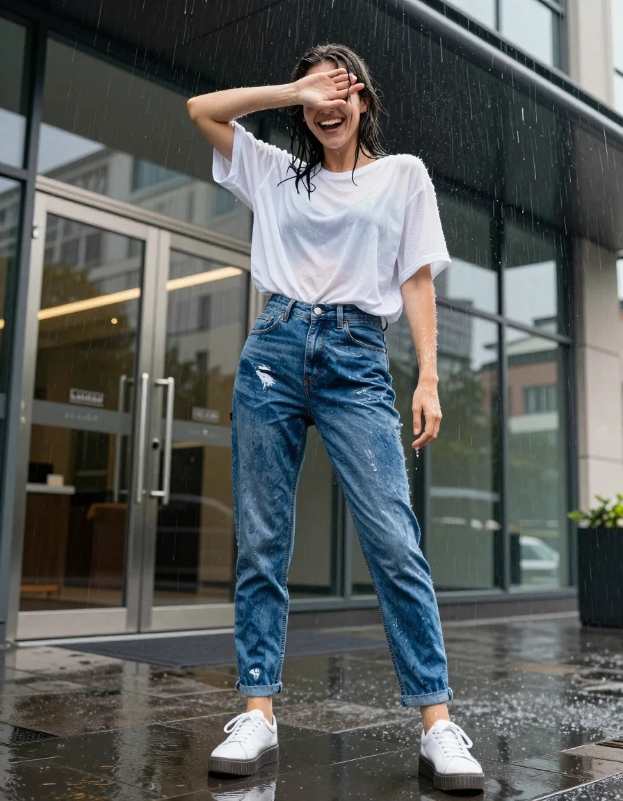 A young adult European woman caught in a sudden deluge of water from an overhead drainpipe in front of the polished glass entrance of a modern corporate office building. She is captured in a moment of genuine, surprised laughter, shielding her face with one arm. She wears an oversized white cotton crewneck t-shirt that is heavily soaked, clinging to her torso, and rendered translucent by the water. Her tapered sky-blue denim jeans are soaking-wet blue denim jeans, water-saturated heavyweight denim, blue changed to deep navy and indigo, substantially darker unevenly soaked patches, absorbed water, heavy wet folds, visible weave and stitching, and strong glossy specular reflections on the raised weave, seams, and creases. She wears white leather platform sneakers with dark grey rubber soles. The scene features realistic wet fabric textures, wet hair, and skin with a natural water sheen. Shot in a street photography style with high shutter speed and sharp focus, utilizing vibrant natural daylight. The composition is an eye-level wide shot emphasizing the urban environment and the suddenness of the drenching.