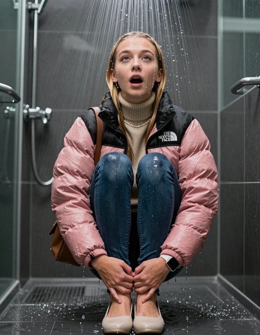photo of young woman, in soaking wet, drenched clothes,
Pumps, glistening soaked tight skinny jeans , Glistening soaked pink Puffer down jacket from north face, beige tight knit turtleneck sweater belly free, shoulderbag, pearl necklace, smartwatch , 15-year-old teenage Girl directly under a heavy, powerful stream of water directely under shower in a modern mirrored  bathroom, 
enjoying, wet clothes stuck to body,
detailed textures of the wet clothes, wet face, wet plastered hair,
wet, drenched, professional, high-quality details, full body view.
sharp focus, ultra-high pixel detail, realistic, high-quality, full colors, incredibly detailed, 4k, 8k, 16k, hyper-realistic, RAW photo, masterpiece, ultra-detailed, professionally color graded, professional photograph, Behind view: 15-year-old teenage girl. looking up.
wet plastered hair. Blonde sleek long straight hair with a hairband with water cascading down her face and neck. Shocked  and astonished. Slightly open mouth, closed eyes. Looking at camera. Hold her Hands on her legs, pressed the knees together.

The Girls wear different clothes.

The lighting is bright and cinematic, highlighting the glistening water droplets on her skin and the saturated texture of her clothes.

her clothes are heavy from the water, water runs from her body and her clothes in streams. A lot of water also runs out of her clothes. Her clothes are darkened by the water. Her submerged clothes are clinging wet. 
soft atmospheric lighting reflecting off the surface, cinematic medium shot, hyper-realistic wetness, high-contrast water sheen, 8k resolution, sharp focus, detailed skin texture., wet skin, wet clothes, damp fabric,, wet skin, wet clothes, damp fabric, wet skin, wet clothes, damp fabric, wet skin, wet clothes, damp fabric, wet skin, wet clothes, damp fabric, wet skin, wet clothes, damp fabric, wet skin, wet clothes, damp fabric, wet skin, wet clothes, damp fabric, wet skin, wet clothes, damp fabric, wet skin, wet clothes, damp fabric, wet skin, wet clothes, damp fabric, wet skin, wet clothes, damp fabric