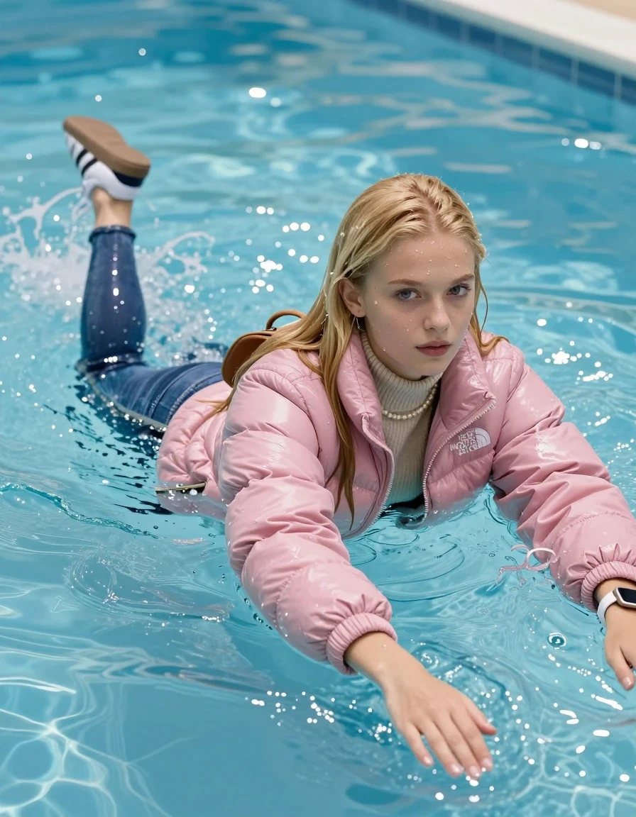 photo of young woman, in soaking wet, drenched clothes,
White sneakers Adidas Samba blackstriped, Glistening soaked tight skinny jeans, Glistening soaked pink Puffer down jacket from north face, beige tight knit turtleneck sweater belly free, shoulderbag, pearl necklace, smartwatch , Pool, 
enjoying, wet clothes stuck to body,
detailed textures of the wet clothes, wet face, wet plastered hair,
wet, drenched, professional, high-quality details, full body view.
sharp focus, ultra-high pixel detail, realistic, high-quality, full colors, incredibly detailed, 4k, 8k, 16k, hyper-realistic, RAW photo, masterpiece, ultra-detailed, professionally color graded, professional photograph, A realistic vertical fashion photograph of an  15-year-old teenage Girl  with blonde sleek long straight hair emerge in a clear blue swimming pool. The girl is positioned in the center of the frame, her head and shoulders visible above the shimmering water surface, while her body and legs are submerged below. She is captured in a dynamic swimming motion with her arms. Natural sunlight creates sparkling reflections on the water's surface. High-quality fashion photography, sharp focus on her face, she Looks at camera, serene expression, cinematic lighting. Show her face clearly toward the camera at a mild three-quarter angle, large enough for a natural portrait face reference., wet skin, wet clothes, damp fabric