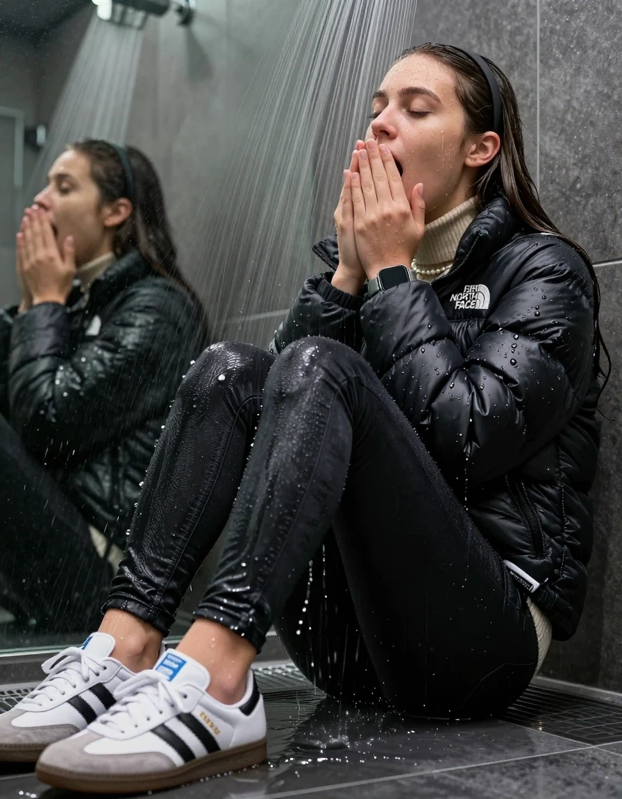 photo of young woman, in soaking wet, drenched clothes,
Totally Soaked White sneakers from Adidas Samba black striped , glistening soaked tight black skinny jeans , Glistening soaked black Puffer down jacket from north face, beige tight knit turtleneck sweater belly free, shoulderbag, pearl necklace, smartwatch , 15-year-old teenage Girl relaxing directly under a heavy powerful stream of water directely under shower in a modern mirrored  bathroom, 
enjoying, wet clothes stuck to body,
detailed textures of the wet clothes, wet face, wet plastered hair,
wet, drenched, professional, high-quality details, full body view.
sharp focus, ultra-high pixel detail, realistic, high-quality, full colors, incredibly detailed, 4k, 8k, 16k, hyper-realistic, RAW photo, masterpiece, ultra-detailed, professionally color graded, professional photograph, Behind view: 15-year-old teenage girl. looking  up.
wet plastered hair.  sleek long straight hair with a hairband with water cascading down her face and neck. Shocked  and astonished. closed eyes. Looking at camera. Hold her Hands on her mouth

The Girls wear different clothes.

The lighting is bright and cinematic, highlighting the glistening water droplets on her skin and the saturated texture of her clothes.

her clothes are heavy from the water, water runs from her body and her clothes in streams. A lot of water also runs out of her clothes. Her clothes are darkened by the water. Her submerged clothes are clinging wet. 
soft atmospheric lighting reflecting off the surface, cinematic medium shot, hyper-realistic wetness, high-contrast water sheen, 8k resolution, sharp focus, detailed skin texture., wet skin, wet clothes, damp fabric,, wet skin, wet clothes, damp fabric, wet skin, wet clothes, damp fabric, wet skin, wet clothes, damp fabric, wet skin, wet clothes, damp fabric, wet skin, wet clothes, damp fabric, wet skin, wet clothes, damp fabric, wet skin, wet clothes, damp fabric, wet skin, wet clothes, damp fabric, wet skin, wet clothes, damp fabric, wet skin, wet clothes, damp fabric, wet skin, wet clothes, damp fabric