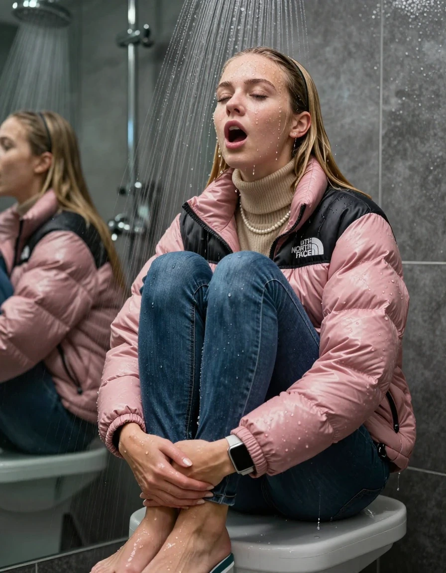 photo of young woman, in soaking wet, drenched clothes,
Pumps, glistening soaked tight skinny jeans , Glistening soaked pink Puffer down jacket from north face, beige tight knit turtleneck sweater belly free, shoulderbag, pearl necklace, smartwatch , 15-year-old teenage Girl sitting on a chair directly under a heavy, powerful stream of water directely under shower in a modern mirrored  bathroom, 
enjoying, wet clothes stuck to body,
detailed textures of the wet clothes, wet face, wet plastered hair,
wet, drenched, professional, high-quality details, full body view.
sharp focus, ultra-high pixel detail, realistic, high-quality, full colors, incredibly detailed, 4k, 8k, 16k, hyper-realistic, RAW photo, masterpiece, ultra-detailed, professionally color graded, professional photograph, Behind view: 15-year-old teenage girl. looking up.
wet plastered hair. Blonde sleek long straight hair with a hairband with water cascading down her face and neck. Shocked  and astonished. Closed mouth, closed eyes. Looking at camera. Hold her Hands on her legs, pressed the knees together.

The Girls wear different clothes.

The lighting is bright and cinematic, highlighting the glistening water droplets on her skin and the saturated texture of her clothes.

her clothes are heavy from the water, water runs from her body and her clothes in streams. A lot of water also runs out of her clothes. Her clothes are darkened by the water. Her submerged clothes are clinging wet. 
soft atmospheric lighting reflecting off the surface, cinematic medium shot, hyper-realistic wetness, high-contrast water sheen, 8k resolution, sharp focus, detailed skin texture., wet skin, wet clothes, damp fabric,, wet skin, wet clothes, damp fabric, wet skin, wet clothes, damp fabric, wet skin, wet clothes, damp fabric, wet skin, wet clothes, damp fabric, wet skin, wet clothes, damp fabric, wet skin, wet clothes, damp fabric, wet skin, wet clothes, damp fabric, wet skin, wet clothes, damp fabric, wet skin, wet clothes, damp fabric, wet skin, wet clothes, damp fabric, wet skin, wet clothes, damp fabric
