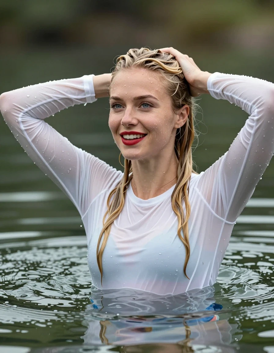 photo of young woman, in soaking wet, drenched clothes,
White longsleeves, Swimming in lake, 
enjoying, wet clothes stuck to body,
detailed textures of the wet clothes, wet face, wet plastered hair,
wet, drenched, professional, high-quality details, full body view.
sharp focus, ultra-high pixel detail, realistic, high-quality, full colors, incredibly detailed, 4k, 8k, 16k, hyper-realistic, RAW photo, masterpiece, ultra-detailed, professionally color graded, professional photograph, Young girl swimming totally submerged up of shoulders in lake smiling, upping hands, blue eyes, long blond hair, red lipstick, wet skin, wet clothes, damp fabric