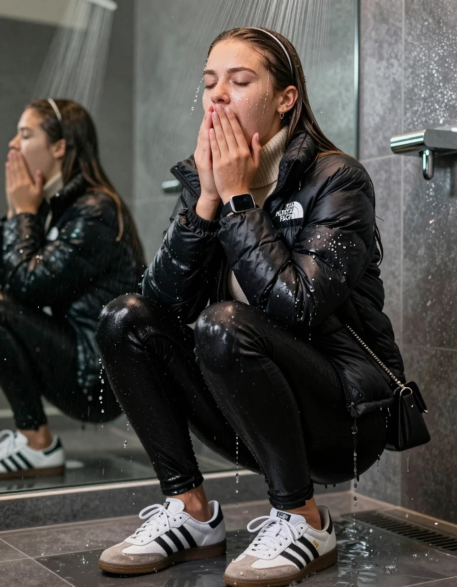 photo of young woman, in soaking wet, drenched clothes,
Totally Soaked White sneakers from Adidas Samba black striped , glistening soaked tight black skinny jeans , Glistening soaked black Puffer down jacket from north face, beige tight knit turtleneck sweater belly free, shoulderbag, pearl necklace, smartwatch , 15-year-old teenage Girl playing directly under a heavy powerful stream of water directely under shower in a modern mirrored  bathroom, 
enjoying, wet clothes stuck to body,
detailed textures of the wet clothes, wet face, wet plastered hair,
wet, drenched, professional, high-quality details, full body view.
sharp focus, ultra-high pixel detail, realistic, high-quality, full colors, incredibly detailed, 4k, 8k, 16k, hyper-realistic, RAW photo, masterpiece, ultra-detailed, professionally color graded, professional photograph, Behind view: 15-year-old teenage girl. looking  up.
wet plastered hair.  sleek long straight hair with a hairband with water cascading down her face and neck. Shocked  and astonished. closed eyes. Looking at camera. Hold her Hands on her mouth

The Girls wear different clothes.

The lighting is bright and cinematic, highlighting the glistening water droplets on her skin and the saturated texture of her clothes.

her clothes are heavy from the water, water runs from her body and her clothes in streams. A lot of water also runs out of her clothes. Her clothes are darkened by the water. Her submerged clothes are clinging wet. 
soft atmospheric lighting reflecting off the surface, cinematic medium shot, hyper-realistic wetness, high-contrast water sheen, 8k resolution, sharp focus, detailed skin texture., wet skin, wet clothes, damp fabric,, wet skin, wet clothes, damp fabric, wet skin, wet clothes, damp fabric, wet skin, wet clothes, damp fabric, wet skin, wet clothes, damp fabric, wet skin, wet clothes, damp fabric, wet skin, wet clothes, damp fabric, wet skin, wet clothes, damp fabric, wet skin, wet clothes, damp fabric, wet skin, wet clothes, damp fabric, wet skin, wet clothes, damp fabric, wet skin, wet clothes, damp fabric