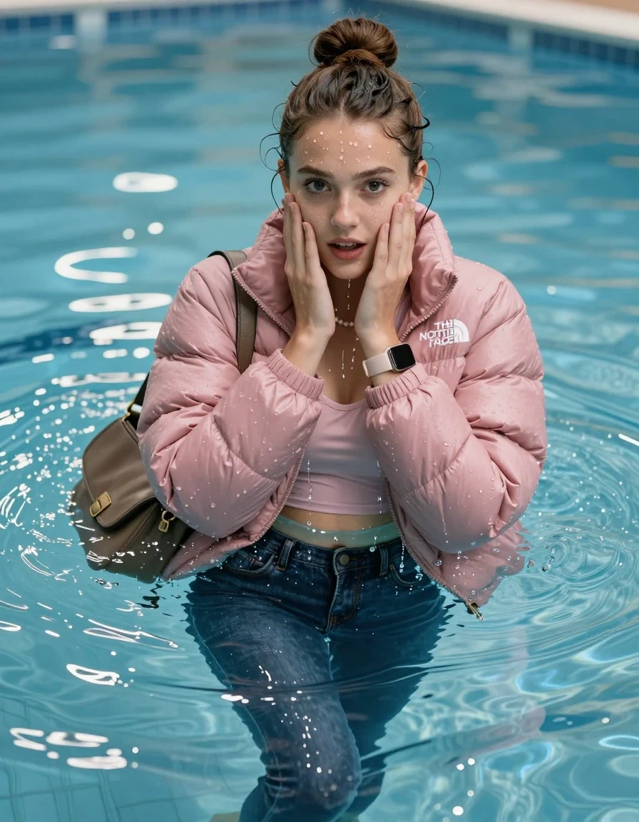 photo of young woman, in soaking wet, drenched clothes,
, Glistening soaked tight skinny jeans, Glistening soaked pink Puffer down jacket from north face, tight sexy tshirt with wide neckline belly free, shoulderbag, pearl necklace, smartwatch , Pool, 
enjoying, wet clothes stuck to body,
detailed textures of the wet clothes, wet face, wet plastered hair,
wet, drenched, professional, high-quality details, full body view.
sharp focus, ultra-high pixel detail, realistic, high-quality, full colors, incredibly detailed, 4k, 8k, 16k, hyper-realistic, RAW photo, masterpiece, ultra-detailed, professionally color graded, professional photograph, A realistic vertical fashion photograph of an  15-year-old teenage Girl lying after a dip submerged in a clear blue swimming pool. 
Complete wet plastered hair. Brunette  topknot with water cascading down her clothes. Shy and astonished. Slightly smile. Looking at camera. Hold her hands over her face. Open mouth, big eyes. She soak her shoulderbag in the water. The girl is positioned in the center of the frame, only  her head is visible above the shimmering water surface, while her body and legs are submerged below. Natural sunlight creates sparkling reflections on the water's surface. High-quality fashion photography, sharp focus on her face, cinematic lighting.
The lighting is bright and cinematic, highlighting the glistening water droplets on her skin and the saturated texture of her clothes.

her clothes are heavy from the water, water runs from her body and her clothes in streams. A lot of water also runs out of her clothes. Her clothes are darkened by the water. Her submerged clothes are clinging wet. 
soft atmospheric lighting reflecting off the surface, cinematic medium shot, hyper-realistic wetness, high-contrast water sheen, 8k resolution, sharp focus, wet skin, wet clothes, damp fabric, wet skin, wet clothes, damp fabric