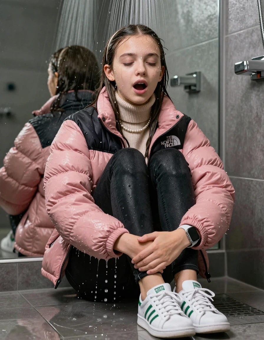 photo of young woman, in soaking wet, drenched clothes,
White sneakers from Adidas Green Stan Smith , glistening soaked tight black skinny jeans , Glistening soaked pink Puffer down jacket from north face, beige tight knit turtleneck sweater belly free, shoulderbag, pearl necklace, smartwatch , 15-year-old teenage Girl sitting directly under a heavy powerful stream of water directely under shower in a modern mirrored  bathroom, 
enjoying, wet clothes stuck to body,
detailed textures of the wet clothes, wet face, wet plastered hair,
wet, drenched, professional, high-quality details, full body view.
sharp focus, ultra-high pixel detail, realistic, high-quality, full colors, incredibly detailed, 4k, 8k, 16k, hyper-realistic, RAW photo, masterpiece, ultra-detailed, professionally color graded, professional photograph, Behind view: 15-year-old teenage girl. looking up.
wet plastered hair.  sleek long straight hair with a hairband with water cascading down her face and neck. Shocked  and astonished. Closed mouth, closed eyes. Looking at camera. Hold her Hands on her knees, pressed the knees together.

The Girls wear different clothes.

The lighting is bright and cinematic, highlighting the glistening water droplets on her skin and the saturated texture of her clothes.

her clothes are heavy from the water, water runs from her body and her clothes in streams. A lot of water also runs out of her clothes. Her clothes are darkened by the water. Her submerged clothes are clinging wet. 
soft atmospheric lighting reflecting off the surface, cinematic medium shot, hyper-realistic wetness, high-contrast water sheen, 8k resolution, sharp focus, detailed skin texture., wet skin, wet clothes, damp fabric,, wet skin, wet clothes, damp fabric, wet skin, wet clothes, damp fabric, wet skin, wet clothes, damp fabric, wet skin, wet clothes, damp fabric, wet skin, wet clothes, damp fabric, wet skin, wet clothes, damp fabric, wet skin, wet clothes, damp fabric, wet skin, wet clothes, damp fabric, wet skin, wet clothes, damp fabric, wet skin, wet clothes, damp fabric, wet skin, wet clothes, damp fabric