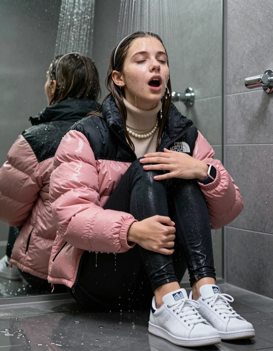 photo of young woman, in soaking wet, drenched clothes,
White sneakers from Adidas Stan Smith , glistening soaked tight black skinny jeans , Glistening soaked pink Puffer down jacket from north face, beige tight knit turtleneck sweater belly free, shoulderbag, pearl necklace, smartwatch , 15-year-old teenage Girl sitting directly under a heavy powerful stream of water directely under shower in a modern mirrored  bathroom, 
enjoying, wet clothes stuck to body,
detailed textures of the wet clothes, wet face, wet plastered hair,
wet, drenched, professional, high-quality details, full body view.
sharp focus, ultra-high pixel detail, realistic, high-quality, full colors, incredibly detailed, 4k, 8k, 16k, hyper-realistic, RAW photo, masterpiece, ultra-detailed, professionally color graded, professional photograph, Behind view: 15-year-old teenage girl. looking up.
wet plastered hair.  sleek long straight hair with a hairband with water cascading down her face and neck. Shocked  and astonished. Closed mouth, closed eyes. Looking at camera. Hold her Hands on her knees, pressed the knees together.

The Girls wear different clothes.

The lighting is bright and cinematic, highlighting the glistening water droplets on her skin and the saturated texture of her clothes.

her clothes are heavy from the water, water runs from her body and her clothes in streams. A lot of water also runs out of her clothes. Her clothes are darkened by the water. Her submerged clothes are clinging wet. 
soft atmospheric lighting reflecting off the surface, cinematic medium shot, hyper-realistic wetness, high-contrast water sheen, 8k resolution, sharp focus, detailed skin texture., wet skin, wet clothes, damp fabric,, wet skin, wet clothes, damp fabric, wet skin, wet clothes, damp fabric, wet skin, wet clothes, damp fabric, wet skin, wet clothes, damp fabric, wet skin, wet clothes, damp fabric, wet skin, wet clothes, damp fabric, wet skin, wet clothes, damp fabric, wet skin, wet clothes, damp fabric, wet skin, wet clothes, damp fabric, wet skin, wet clothes, damp fabric, wet skin, wet clothes, damp fabric