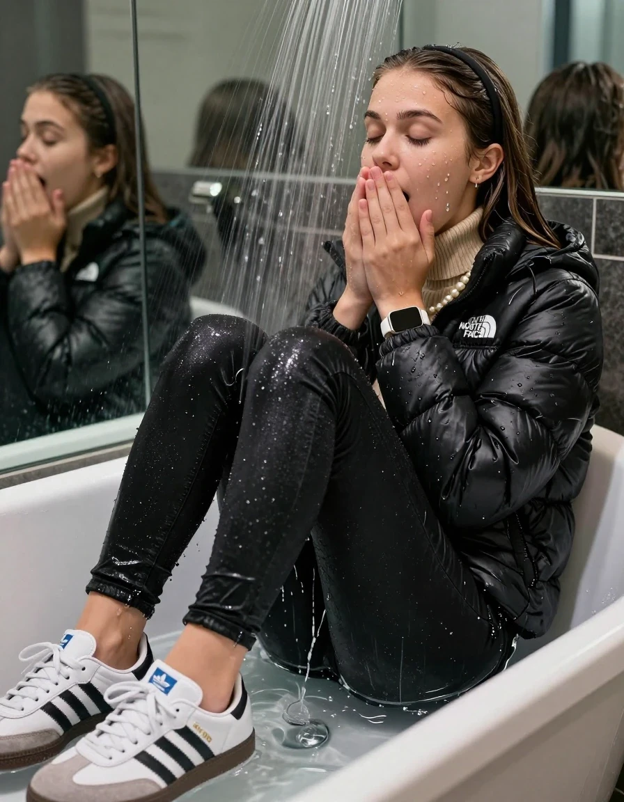 photo of young woman, in soaking wet, drenched clothes,
Totally Soaked White sneakers from Adidas Samba black striped , glistening soaked tight black skinny jeans , Glistening soaked black Puffer down jacket from north face, beige tight knit turtleneck sweater belly free, shoulderbag, pearl necklace, smartwatch , 15-year-old teenage Girl relaxing directly under a heavy powerful stream of water in a bathtube of a modern mirrored  bathroom, 
enjoying, wet clothes stuck to body,
detailed textures of the wet clothes, wet face, wet plastered hair,
wet, drenched, professional, high-quality details, full body view.
sharp focus, ultra-high pixel detail, realistic, high-quality, full colors, incredibly detailed, 4k, 8k, 16k, hyper-realistic, RAW photo, masterpiece, ultra-detailed, professionally color graded, professional photograph, Behind view: 15-year-old teenage girl. looking  up.
wet plastered hair.  sleek long straight hair with a hairband with water cascading down her face and neck. Shocked  and astonished. closed eyes. Looking at camera. Hold her Hands on her mouth

The Girls wear different clothes.

The lighting is bright and cinematic, highlighting the glistening water droplets on her skin and the saturated texture of her clothes.

her clothes are heavy from the water, water runs from her body and her clothes in streams. A lot of water also runs out of her clothes. Her clothes are darkened by the water. Her submerged clothes are clinging wet. 
soft atmospheric lighting reflecting off the surface, cinematic medium shot, hyper-realistic wetness, high-contrast water sheen, 8k resolution, sharp focus, detailed skin texture., wet skin, wet clothes, damp fabric,, wet skin, wet clothes, damp fabric, wet skin, wet clothes, damp fabric, wet skin, wet clothes, damp fabric, wet skin, wet clothes, damp fabric, wet skin, wet clothes, damp fabric, wet skin, wet clothes, damp fabric, wet skin, wet clothes, damp fabric, wet skin, wet clothes, damp fabric, wet skin, wet clothes, damp fabric, wet skin, wet clothes, damp fabric, wet skin, wet clothes, damp fabric