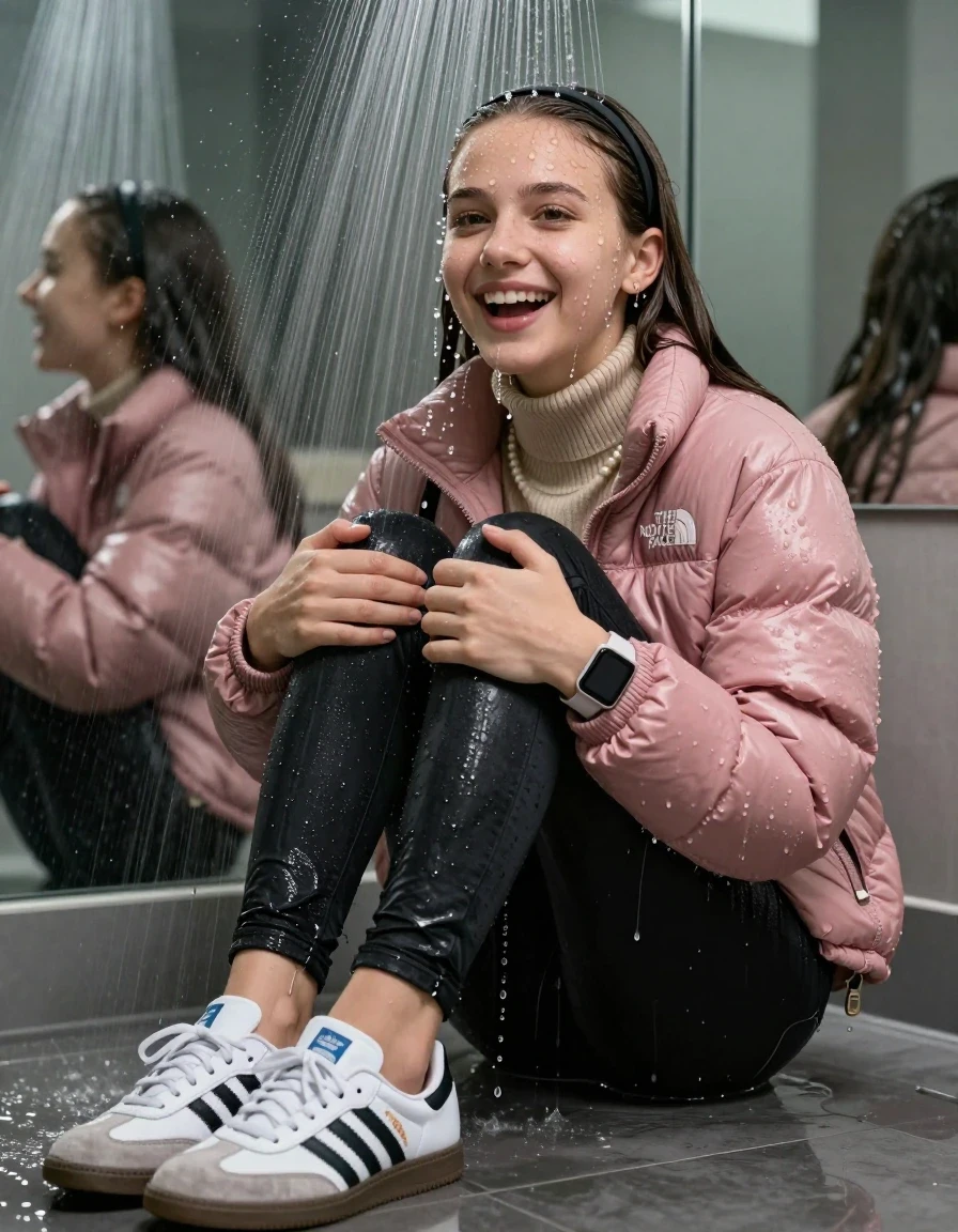 photo of young woman, in soaking wet, drenched clothes,
White sneakers from Adidas Samba black striped , glistening soaked tight black skinny jeans , Glistening soaked pink Puffer down jacket from north face, beige tight knit turtleneck sweater belly free, shoulderbag, pearl necklace, smartwatch , 15-year-old teenage Girl sitting directly under a heavy powerful stream of water directely under shower in a modern mirrored  bathroom, 
enjoying, wet clothes stuck to body,
detailed textures of the wet clothes, wet face, wet plastered hair,
wet, drenched, professional, high-quality details, full body view.
sharp focus, ultra-high pixel detail, realistic, high-quality, full colors, incredibly detailed, 4k, 8k, 16k, hyper-realistic, RAW photo, masterpiece, ultra-detailed, professionally color graded, professional photograph, Behind view: 15-year-old teenage girl. looking up.
wet plastered hair.  sleek long straight hair with a hairband with water cascading down her face and neck. Shy and astonished but she giggles. Looking at camera. Hold her Hands on her knees, pressed the knees together.

The Girls wear different clothes.

The lighting is bright and cinematic, highlighting the glistening water droplets on her skin and the saturated texture of her clothes.

her clothes are heavy from the water, water runs from her body and her clothes in streams. A lot of water also runs out of her clothes. Her clothes are darkened by the water. Her submerged clothes are clinging wet. 
soft atmospheric lighting reflecting off the surface, cinematic medium shot, hyper-realistic wetness, high-contrast water sheen, 8k resolution, sharp focus, detailed skin texture., wet skin, wet clothes, damp fabric,, wet skin, wet clothes, damp fabric, wet skin, wet clothes, damp fabric, wet skin, wet clothes, damp fabric, wet skin, wet clothes, damp fabric, wet skin, wet clothes, damp fabric, wet skin, wet clothes, damp fabric, wet skin, wet clothes, damp fabric, wet skin, wet clothes, damp fabric, wet skin, wet clothes, damp fabric, wet skin, wet clothes, damp fabric, wet skin, wet clothes, damp fabric, wet skin, wet clothes, damp fabric, wet skin, wet clothes, damp fabric