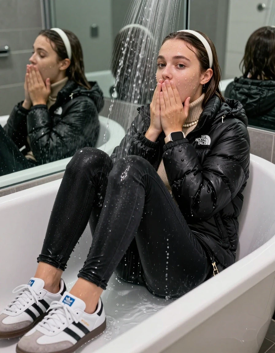 photo of young woman, in soaking wet, drenched clothes,
Totally Soaked White sneakers from Adidas Samba black striped , glistening soaked tight black skinny jeans , Glistening soaked black Puffer down jacket from north face, beige tight knit turtleneck sweater belly free, shoulderbag, pearl necklace, smartwatch , 15-year-old teenage Girl relaxing directly under a heavy powerful stream of water in a bathtube of a modern mirrored  bathroom, a shocked friend watching her, 
enjoying, wet clothes stuck to body,
detailed textures of the wet clothes, wet face, wet plastered hair,
wet, drenched, professional, high-quality details, full body view.
sharp focus, ultra-high pixel detail, realistic, high-quality, full colors, incredibly detailed, 4k, 8k, 16k, hyper-realistic, RAW photo, masterpiece, ultra-detailed, professionally color graded, professional photograph, Behind view: 15-year-old teenage girl. looking  up.
wet plastered hair.  sleek long straight hair with a hairband with water cascading down her face and neck. Shocked  and astonished. closed eyes. Looking at camera. Hold her Hands on her mouth

The Girls wear different clothes.

The lighting is bright and cinematic, highlighting the glistening water droplets on her skin and the saturated texture of her clothes.

her clothes are heavy from the water, water runs from her body and her clothes in streams. A lot of water also runs out of her clothes. Her clothes are darkened by the water. Her submerged clothes are clinging wet. 
soft atmospheric lighting reflecting off the surface, cinematic medium shot, hyper-realistic wetness, high-contrast water sheen, 8k resolution, sharp focus, detailed skin texture., wet skin, wet clothes, damp fabric,, wet skin, wet clothes, damp fabric, wet skin, wet clothes, damp fabric, wet skin, wet clothes, damp fabric, wet skin, wet clothes, damp fabric, wet skin, wet clothes, damp fabric, wet skin, wet clothes, damp fabric, wet skin, wet clothes, damp fabric, wet skin, wet clothes, damp fabric, wet skin, wet clothes, damp fabric, wet skin, wet clothes, damp fabric, wet skin, wet clothes, damp fabric