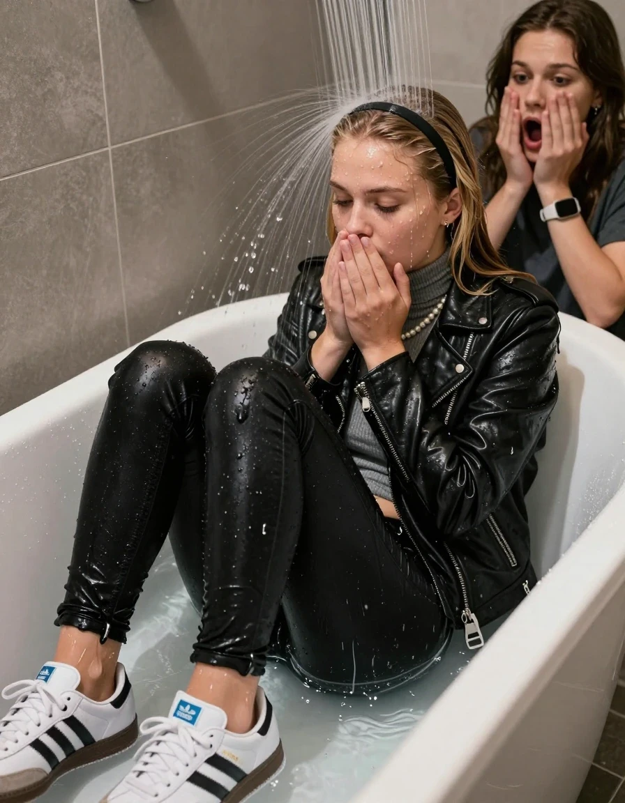 photo of young woman, in soaking wet, drenched clothes,
Totally Soaked White sneakers from Adidas Samba black striped , glistening soaked tight black skinny jeans , Glistening soaked black biker leatherjacket, grey tight knit turtleneck sweater belly free, shoulderbag, pearl necklace, smartwatch , 15-year-old teenage Girl relaxing directly under a heavy powerful stream of water in a bathtube of a modern bathroom, a shocked friend sits beside the tube and watching her, 
enjoying, wet clothes stuck to body,
detailed textures of the wet clothes, wet face, wet plastered hair,
wet, drenched, professional, high-quality details, full body view.
sharp focus, ultra-high pixel detail, realistic, high-quality, full colors, incredibly detailed, 4k, 8k, 16k, hyper-realistic, RAW photo, masterpiece, ultra-detailed, professionally color graded, professional photograph, 15-year-old teenage girl. looking  down.
wet plastered hair.  Blonde sleek long straight hair with a hairband with water cascading down her face and neck. Shocked  and astonished. Open mouth, closed eyes. Looking at camera. Hold her Hands on her mouth

The Girls wear different clothes.

The lighting is bright and cinematic, highlighting the glistening water droplets on her skin and the saturated texture of her clothes. The shoes are under water.

The water jet hits her head directly, her clothes are heavy from the water, water runs from her body and her clothes in streams. A lot of water also runs out of her clothes. Her clothes are darkened by the water. Her submerged clothes are clinging wet. 
soft atmospheric lighting reflecting off the surface, cinematic medium shot, hyper-realistic wetness, high-contrast water sheen, 8k resolution, sharp focus, detailed skin texture., wet skin, wet clothes, damp fabric,, wet skin, wet clothes, damp fabric, wet skin, wet clothes, damp fabric, wet skin, wet clothes, damp fabric, wet skin, wet clothes, damp fabric, wet skin, wet clothes, damp fabric, wet skin, wet clothes, damp fabric, wet skin, wet clothes, damp fabric, wet skin, wet clothes, damp fabric, wet skin, wet clothes, damp fabric, wet skin, wet clothes, damp fabric, wet skin, wet clothes, damp fabric, wet skin, wet clothes, damp fabric
