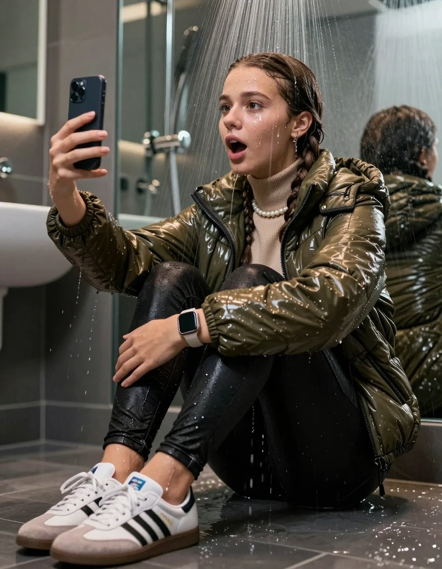photo of young woman, in soaking wet, drenched clothes,
White sneakers from Adidas Samba black striped , glistening soaked tight black skinny jeans , Glistening soaked olive shiny Puffer down jacket from monclare, beige tight knit turtleneck sweater belly free, shoulderbag, pearl necklace, smartwatch , 15-year-old teenage Girl sitting directly under a heavy powerful stream of water directely under shower in a modern mirrored  bathroom, 
enjoying, wet clothes stuck to body,
detailed textures of the wet clothes, wet face, wet plastered hair,
wet, drenched, professional, high-quality details, full body view.
sharp focus, ultra-high pixel detail, realistic, high-quality, full colors, incredibly detailed, 4k, 8k, 16k, hyper-realistic, RAW photo, masterpiece, ultra-detailed, professionally color graded, professional photograph, Behind view: 15-year-old teenage girl. looking up.
wet plastered hair. Brunette sleek braids with water cascading down her face and neck. Surprised and astonished. Looking at camera. Hold one hand on mouth. pressed the knees together. Take a Selfie.

The Girls wear different clothes.

The lighting is bright and cinematic, highlighting the glistening water droplets on her skin and the saturated texture of her clothes.

her clothes are heavy from the water, water runs from her body and her clothes in streams. A lot of water also runs out of her clothes. Her clothes are darkened by the water. Her submerged clothes are clinging wet. 
soft atmospheric lighting reflecting off the surface, cinematic medium shot, hyper-realistic wetness, high-contrast water sheen, 8k resolution, sharp focus, detailed skin texture., wet skin, wet clothes, damp fabric,, wet skin, wet clothes, damp fabric, wet skin, wet clothes, damp fabric, wet skin, wet clothes, damp fabric, wet skin, wet clothes, damp fabric, wet skin, wet clothes, damp fabric, wet skin, wet clothes, damp fabric, wet skin, wet clothes, damp fabric, wet skin, wet clothes, damp fabric, wet skin, wet clothes, damp fabric, wet skin, wet clothes, damp fabric, wet skin, wet clothes, damp fabric, wet skin, wet clothes, damp fabric, wet skin, wet clothes, damp fabric