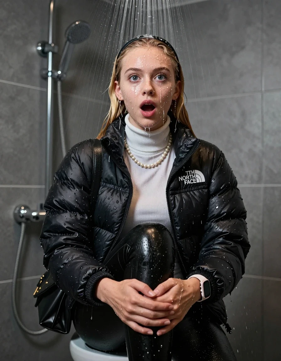 photo of young woman, in soaking wet, drenched clothes,
, glistening soaked tight black leatherleggings , Glistening soaked black Puffer down jacket from north face, white tight knit turtleneck sweater belly free, shoulderbag, pearl necklace, smartwatch , 15-year-old teenage Girl directly under a heavy, powerful stream of water directely under shower in a modern  bathroom, 
enjoying, wet clothes stuck to body,
detailed textures of the wet clothes, wet face, wet plastered hair,
wet, drenched, professional, high-quality details, full body view.
sharp focus, ultra-high pixel detail, realistic, high-quality, full colors, incredibly detailed, 4k, 8k, 16k, hyper-realistic, RAW photo, masterpiece, ultra-detailed, professionally color graded, professional photograph, Behind view: 15-year-old teenage girl. looking at camera.
wet plastered hair. Blonde sleek long straight hair with a hairband with water cascading down her face and neck. Shocked  and astonished. open mouth, big eyes. Looking at camera. Hold her Hand on her knees, pressed the knees together.

The Girls wear different clothes.

The lighting is bright and cinematic, highlighting the glistening water droplets on her skin and the saturated texture of her clothes.

her clothes are heavy from the water, water runs from her body and her clothes in streams. A lot of water also runs out of her clothes. Her clothes are darkened by the water. Her submerged clothes are clinging wet. 
soft atmospheric lighting reflecting off the surface, cinematic medium shot, hyper-realistic wetness, high-contrast water sheen, 8k resolution, sharp focus, detailed skin texture., wet skin, wet clothes, damp fabric,, wet skin, wet clothes, damp fabric, wet skin, wet clothes, damp fabric, wet skin, wet clothes, damp fabric, wet skin, wet clothes, damp fabric, wet skin, wet clothes, damp fabric, wet skin, wet clothes, damp fabric, wet skin, wet clothes, damp fabric, wet skin, wet clothes, damp fabric, wet skin, wet clothes, damp fabric, wet skin, wet clothes, damp fabric, wet skin, wet clothes, damp fabric