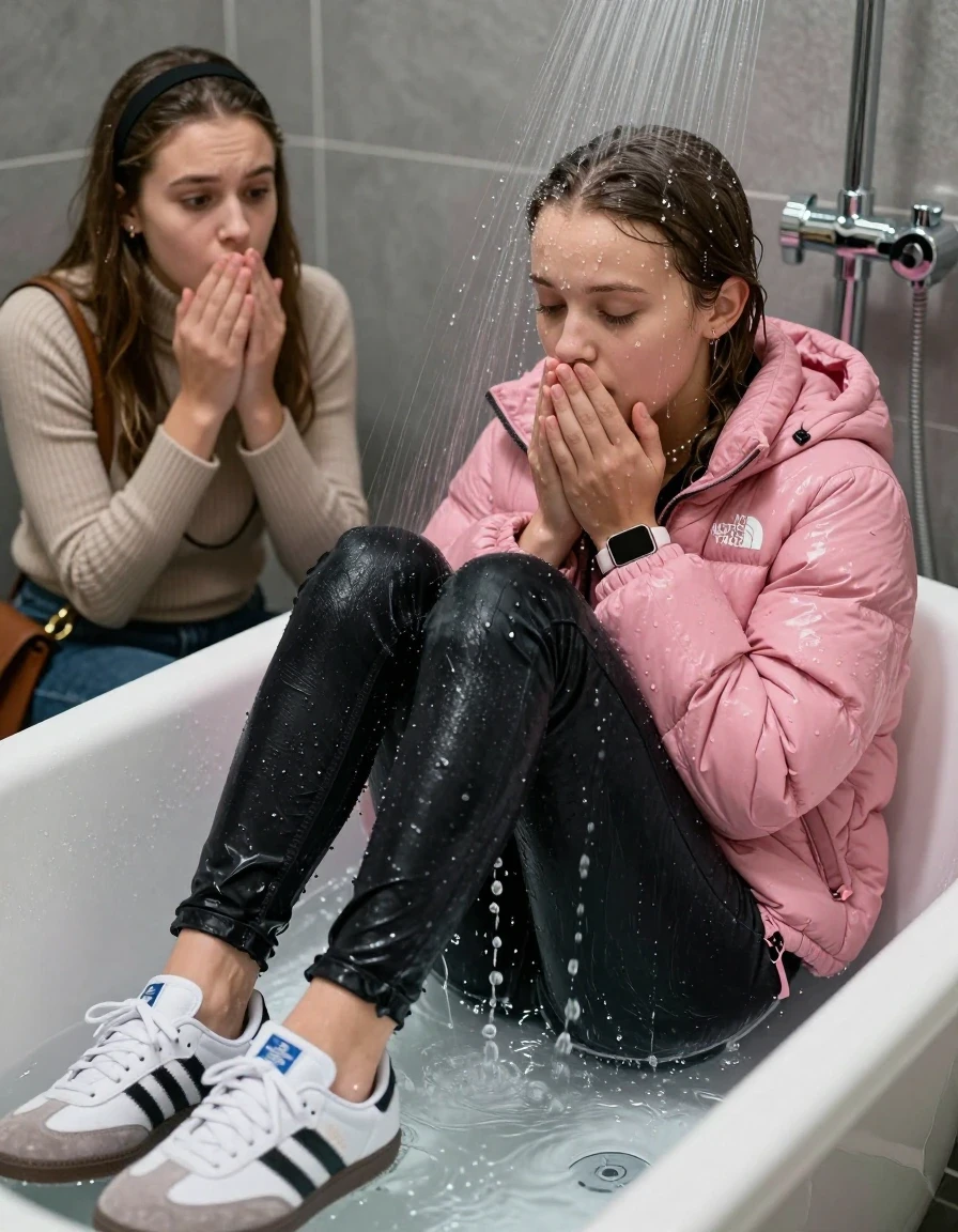 photo of young woman, in soaking wet, drenched clothes,
Totally Soaked White sneakers from Adidas Samba black striped , glistening soaked tight black skinny jeans , Glistening soaked pink Puffer down jacket from north face, beige tight knit turtleneck sweater belly free, shoulderbag, pearl necklace, smartwatch , 15-year-old teenage Girl relaxing directly under a heavy powerful stream of water in a bathtube of a modern bathroom, a shocked friend sits beside the tube and watching her, 
enjoying, wet clothes stuck to body,
detailed textures of the wet clothes, wet face, wet plastered hair,
wet, drenched, professional, high-quality details, full body view.
sharp focus, ultra-high pixel detail, realistic, high-quality, full colors, incredibly detailed, 4k, 8k, 16k, hyper-realistic, RAW photo, masterpiece, ultra-detailed, professionally color graded, professional photograph, Behind view: 15-year-old teenage girl. looking  down.
wet plastered hair.  sleek long straight hair with a hairband with water cascading down her face and neck. Shocked  and astonished. closed eyes. Looking at camera. Hold her Hands on her mouth

The Girls wear different clothes.

The lighting is bright and cinematic, highlighting the glistening water droplets on her skin and the saturated texture of her clothes. The shoes are under water.

The water jet hits her head directly, her clothes are heavy from the water, water runs from her body and her clothes in streams. A lot of water also runs out of her clothes. Her clothes are darkened by the water. Her submerged clothes are clinging wet. 
soft atmospheric lighting reflecting off the surface, cinematic medium shot, hyper-realistic wetness, high-contrast water sheen, 8k resolution, sharp focus, detailed skin texture., wet skin, wet clothes, damp fabric,, wet skin, wet clothes, damp fabric, wet skin, wet clothes, damp fabric, wet skin, wet clothes, damp fabric, wet skin, wet clothes, damp fabric, wet skin, wet clothes, damp fabric, wet skin, wet clothes, damp fabric, wet skin, wet clothes, damp fabric, wet skin, wet clothes, damp fabric, wet skin, wet clothes, damp fabric, wet skin, wet clothes, damp fabric, wet skin, wet clothes, damp fabric