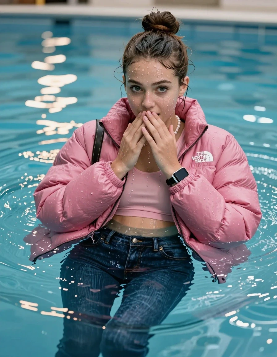 photo of young woman, in soaking wet, drenched clothes,
, Glistening soaked tight skinny jeans, Glistening soaked pink Puffer down jacket from north face, tight sexy tshirt with wide neckline belly free, shoulderbag, pearl necklace, smartwatch , Pool, 
enjoying, wet clothes stuck to body,
detailed textures of the wet clothes, wet face, wet plastered hair,
wet, drenched, professional, high-quality details, full body view.
sharp focus, ultra-high pixel detail, realistic, high-quality, full colors, incredibly detailed, 4k, 8k, 16k, hyper-realistic, RAW photo, masterpiece, ultra-detailed, professionally color graded, professional photograph, A realistic vertical fashion photograph of an  15-year-old teenage Girl lying after a dip submerged in a clear blue swimming pool. 
Complete wet plastered hair. Brunette  topknot with water cascading down her clothes. Shy and astonished. Slightly smile. Looking at camera. Hold her hands over her mouth. Open mouth, big eyes. She soak her shoulderbag in the water. The girl is positioned in the center of the frame, only  her head is visible above the shimmering water surface, while her body and legs are submerged below. Natural sunlight creates sparkling reflections on the water's surface. High-quality fashion photography, sharp focus on her face, cinematic lighting.
The lighting is bright and cinematic, highlighting the glistening water droplets on her skin and the saturated texture of her clothes.

her clothes are heavy from the water, water runs from her body and her clothes in streams. A lot of water also runs out of her clothes. Her clothes are darkened by the water. Her submerged clothes are clinging wet. 
soft atmospheric lighting reflecting off the surface, cinematic medium shot, hyper-realistic wetness, high-contrast water sheen, 8k resolution, sharp focus, wet skin, wet clothes, damp fabric, wet skin, wet clothes, damp fabric